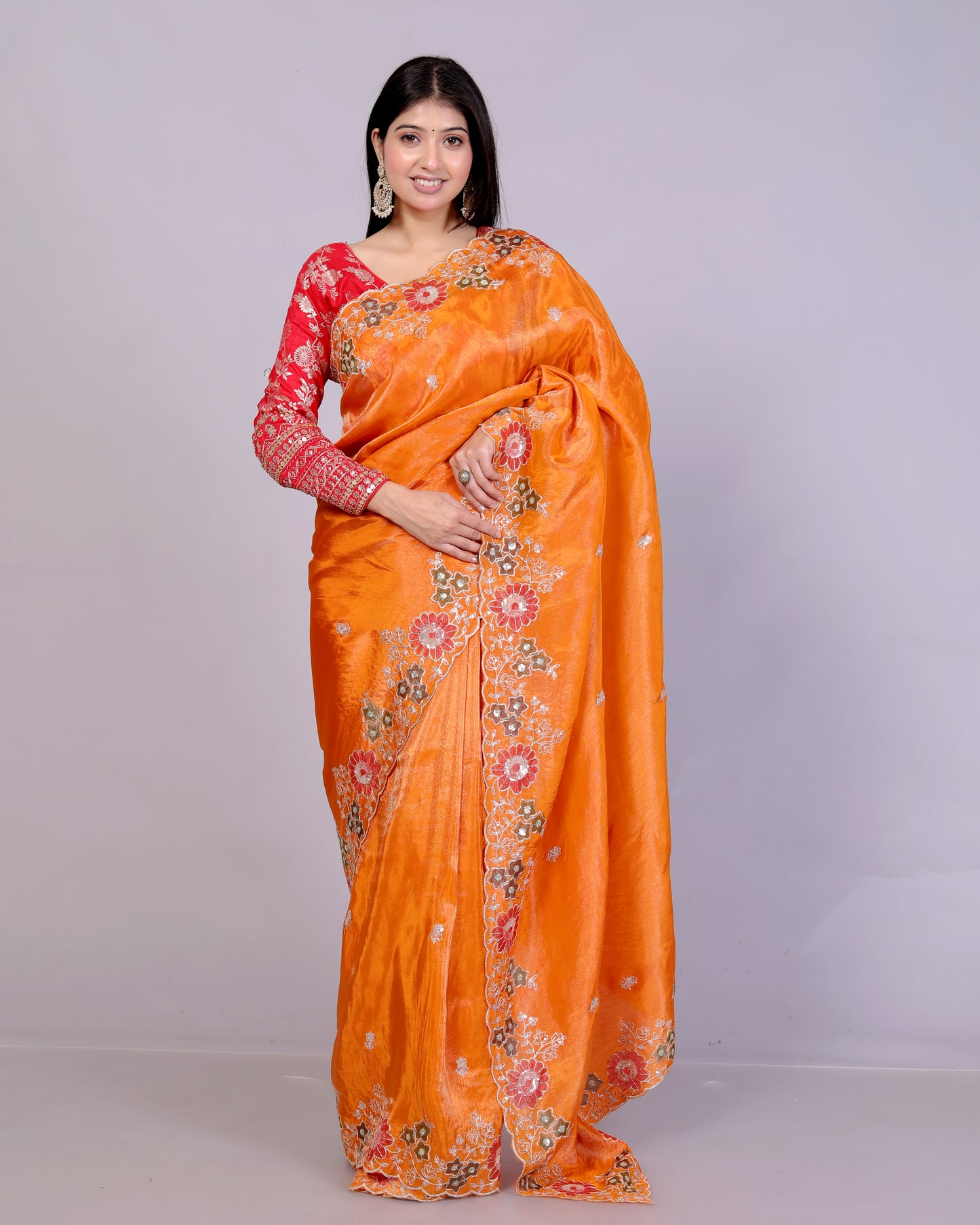 HO SILK HAND PAINTED ZARI EMBROIDERY ORANGE SAREE BY SKFBHOLUBHAI
