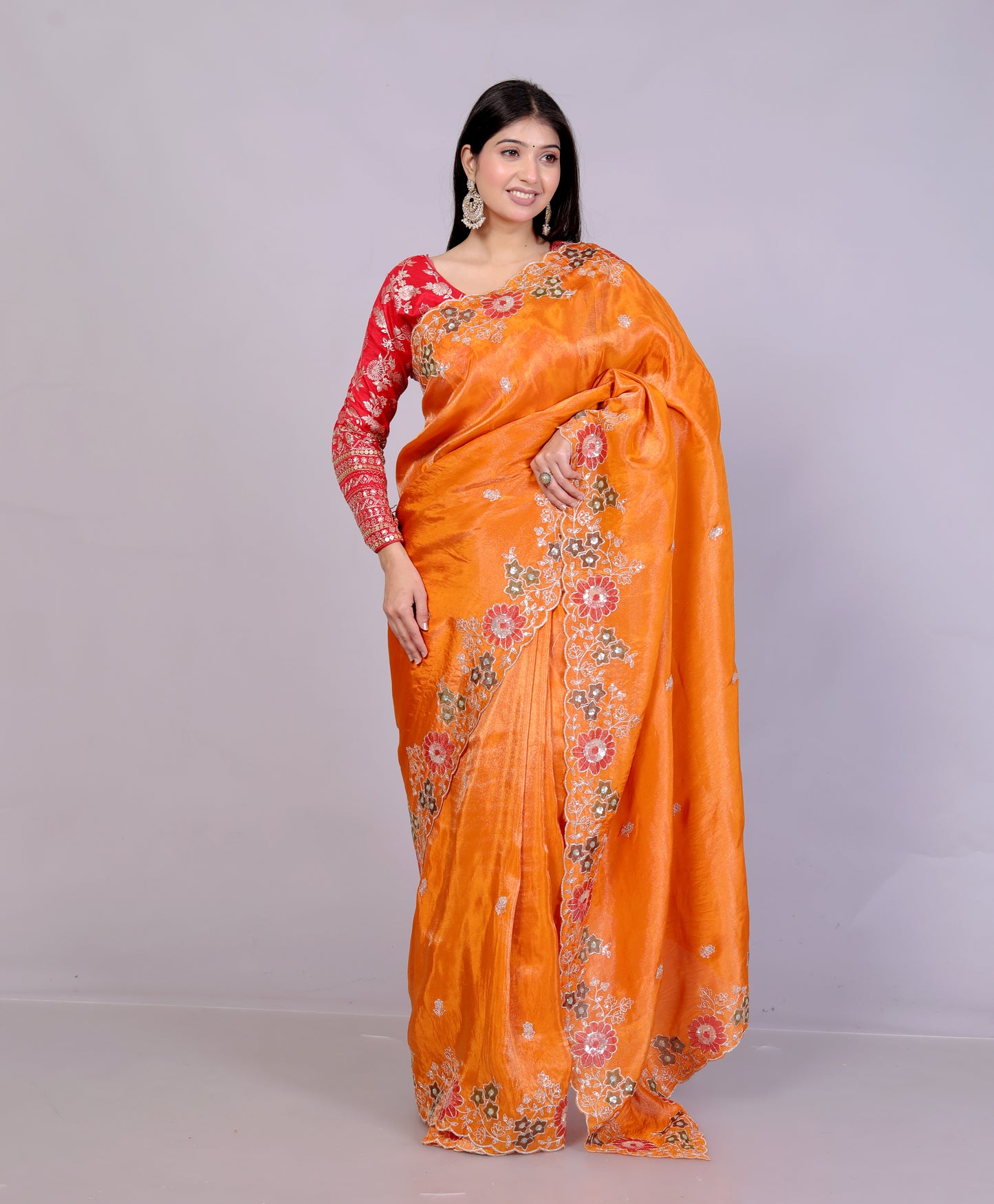HO SILK HAND PAINTED ZARI EMBROIDERY ORANGE SAREE BY SKFBHOLUBHAI
