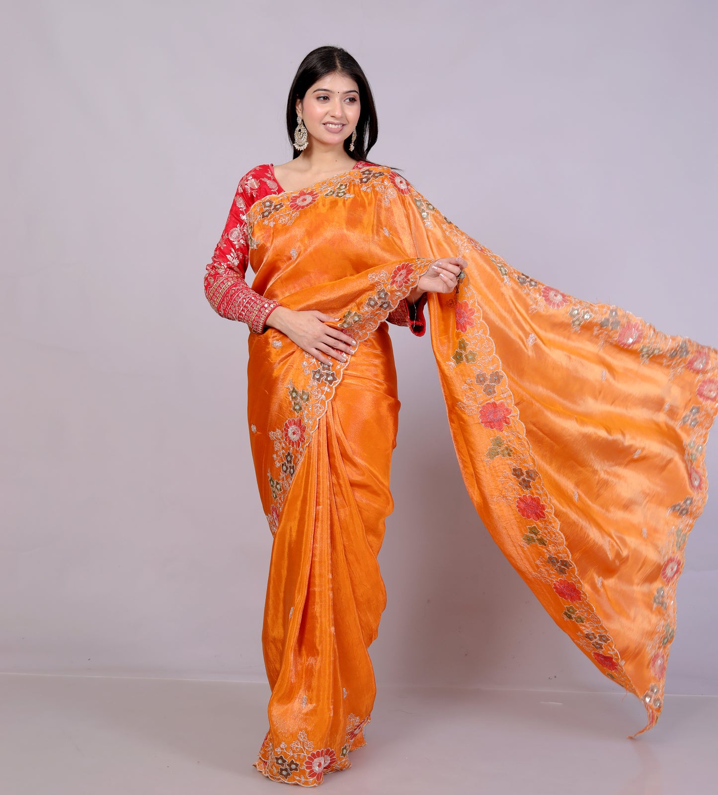 HO SILK HAND PAINTED ZARI EMBROIDERY ORANGE SAREE BY SKFBHOLUBHAI