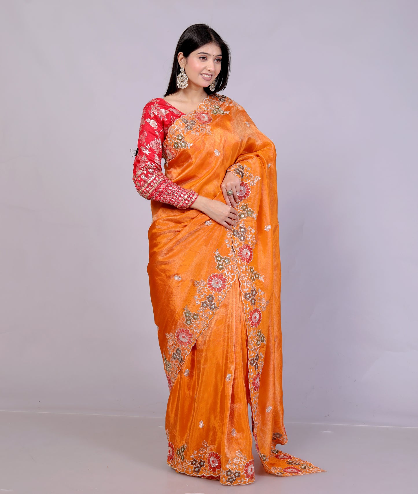 HO SILK HAND PAINTED ZARI EMBROIDERY ORANGE SAREE BY SKFBHOLUBHAI