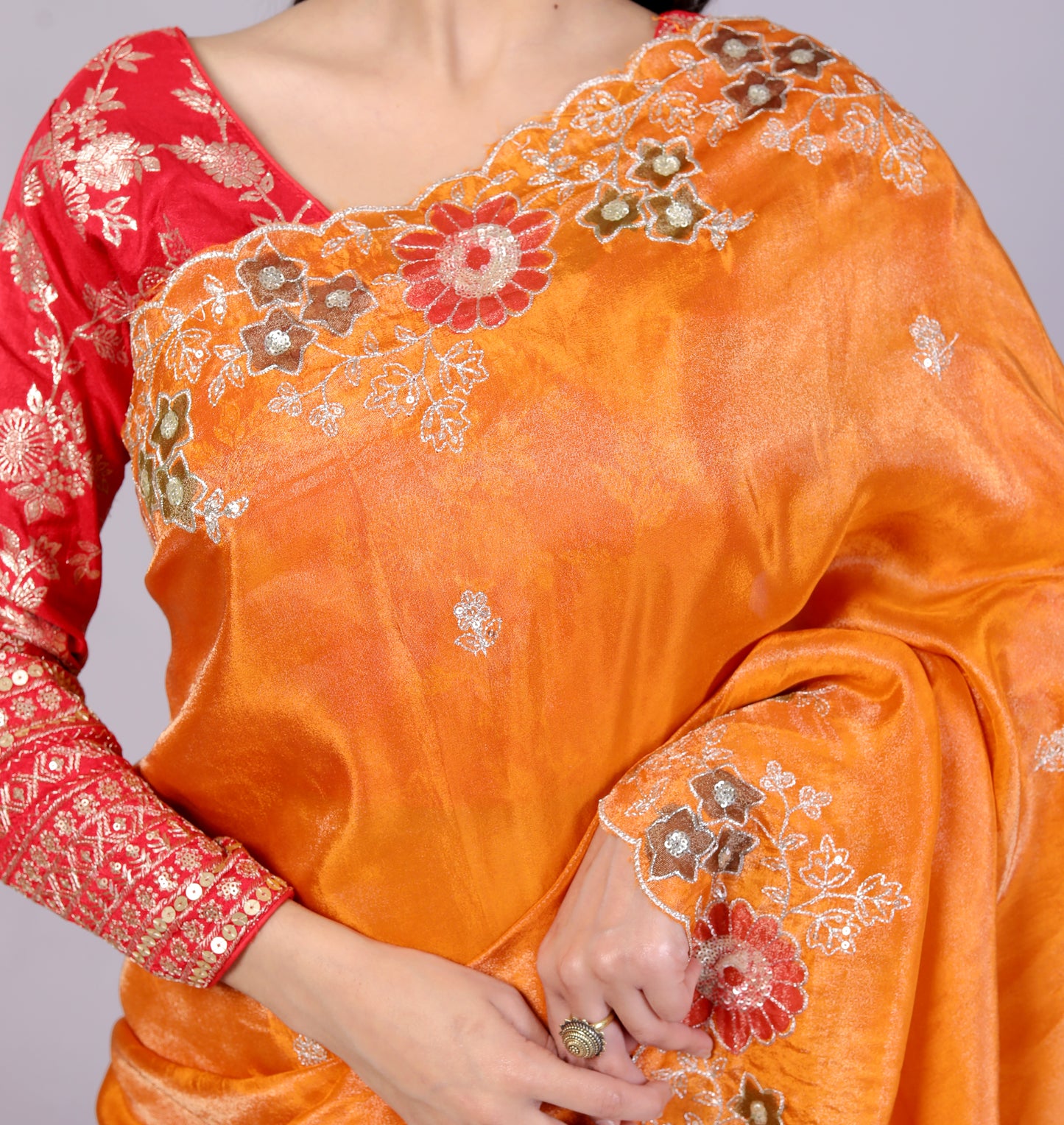 HO SILK HAND PAINTED ZARI EMBROIDERY ORANGE SAREE BY SKFBHOLUBHAI