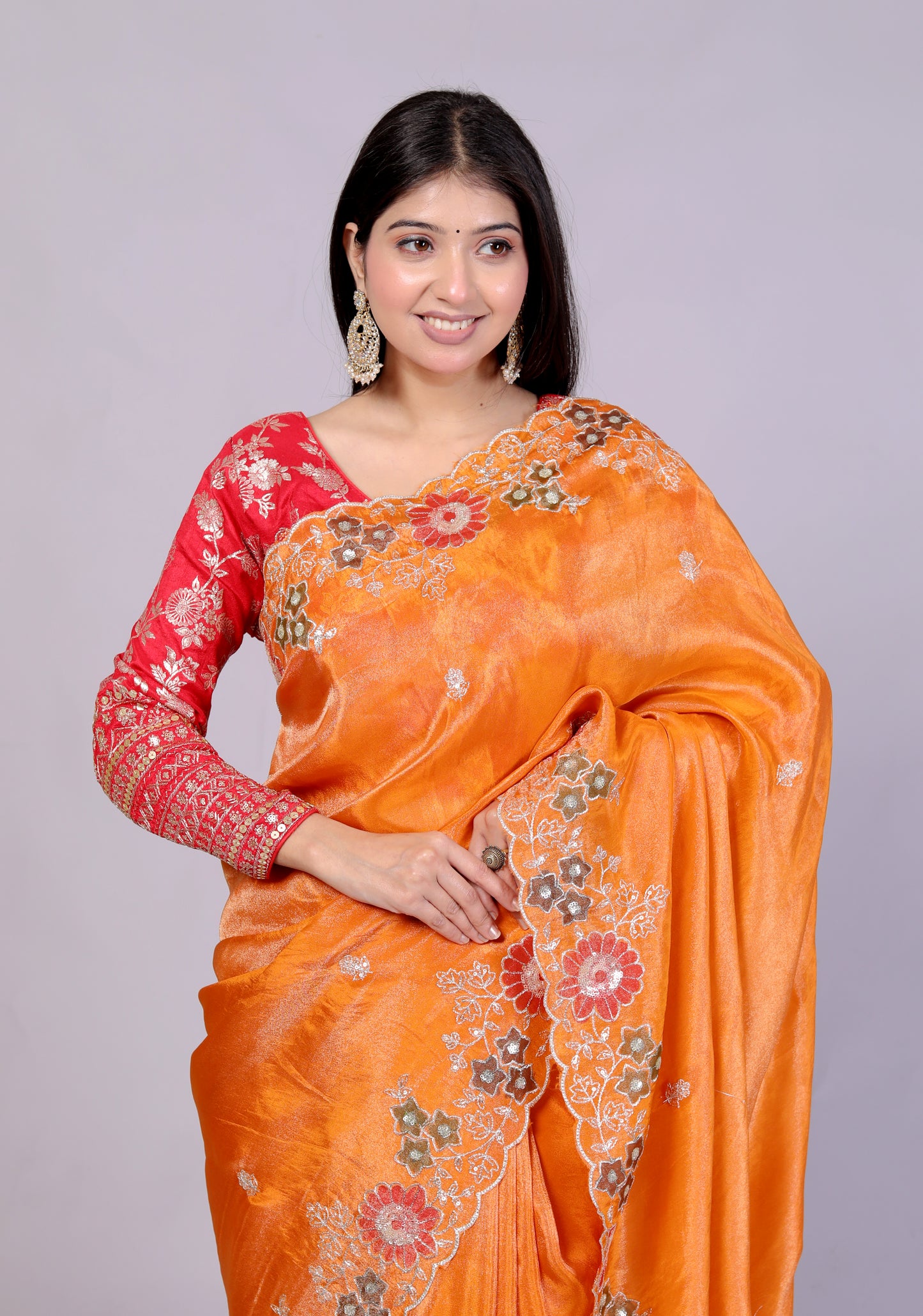 HO SILK HAND PAINTED ZARI EMBROIDERY ORANGE SAREE BY SKFBHOLUBHAI