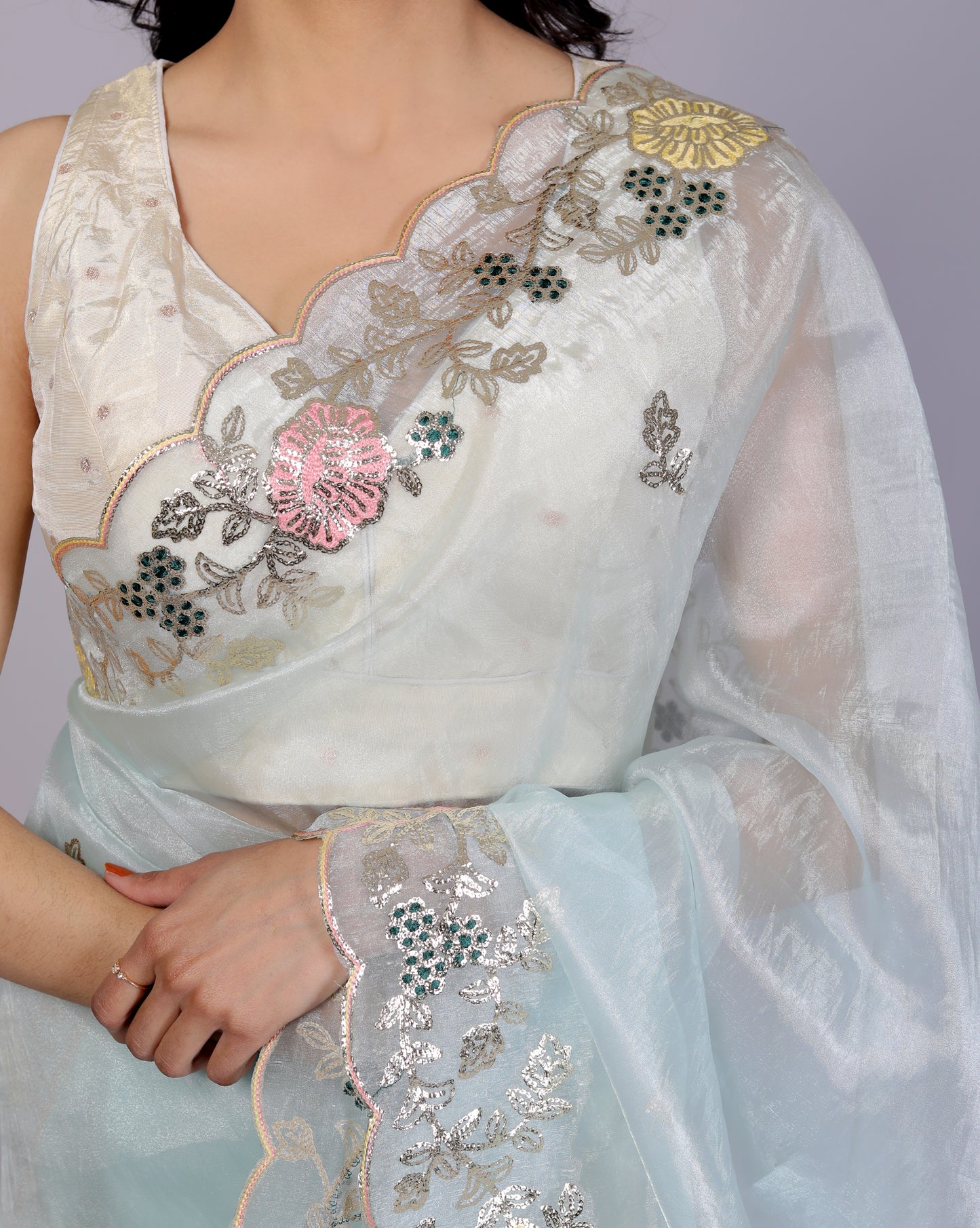 GLOSSY ORGANZA MULTI ZARI EMBROIDERY SKY BLUE SAREE BY SKFBHOLUBHAI