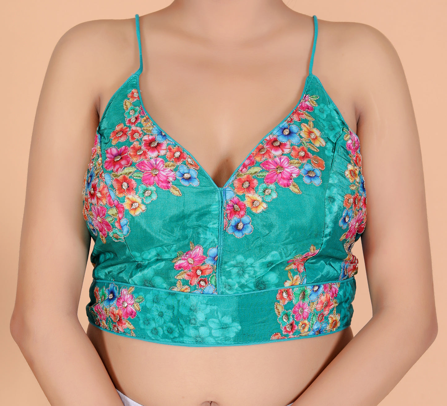 SATIN SILK SPAGHETTI DIGITAL PRINT ZARI OUTLINE BLOUSE BY SKFBHOLUBHAI