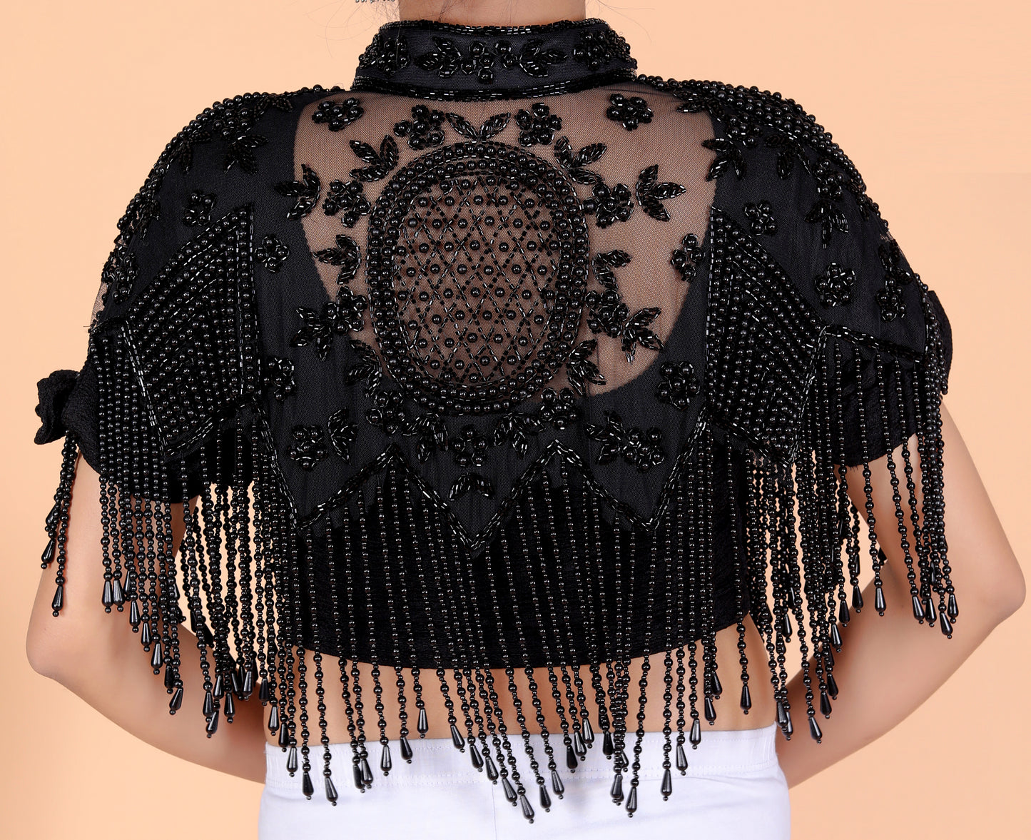 NET BEADS WORK CAPE PATTERN BLACK BLOUSE BY SKFBHOLUBHAI
