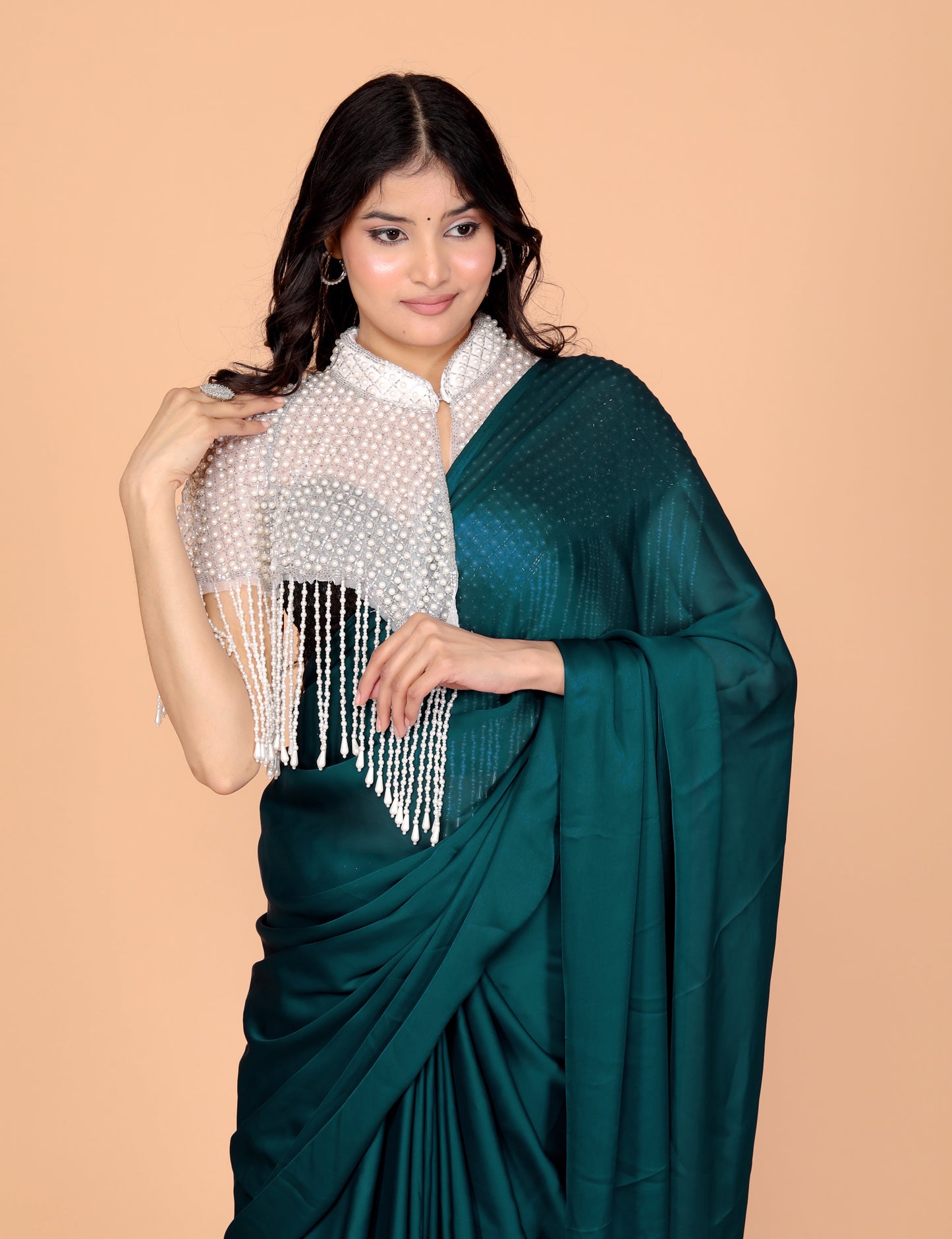 PEARL HANDWORK CAPE STYLE NET WHITE BLOUSE BY SKFBHOLUBHAI