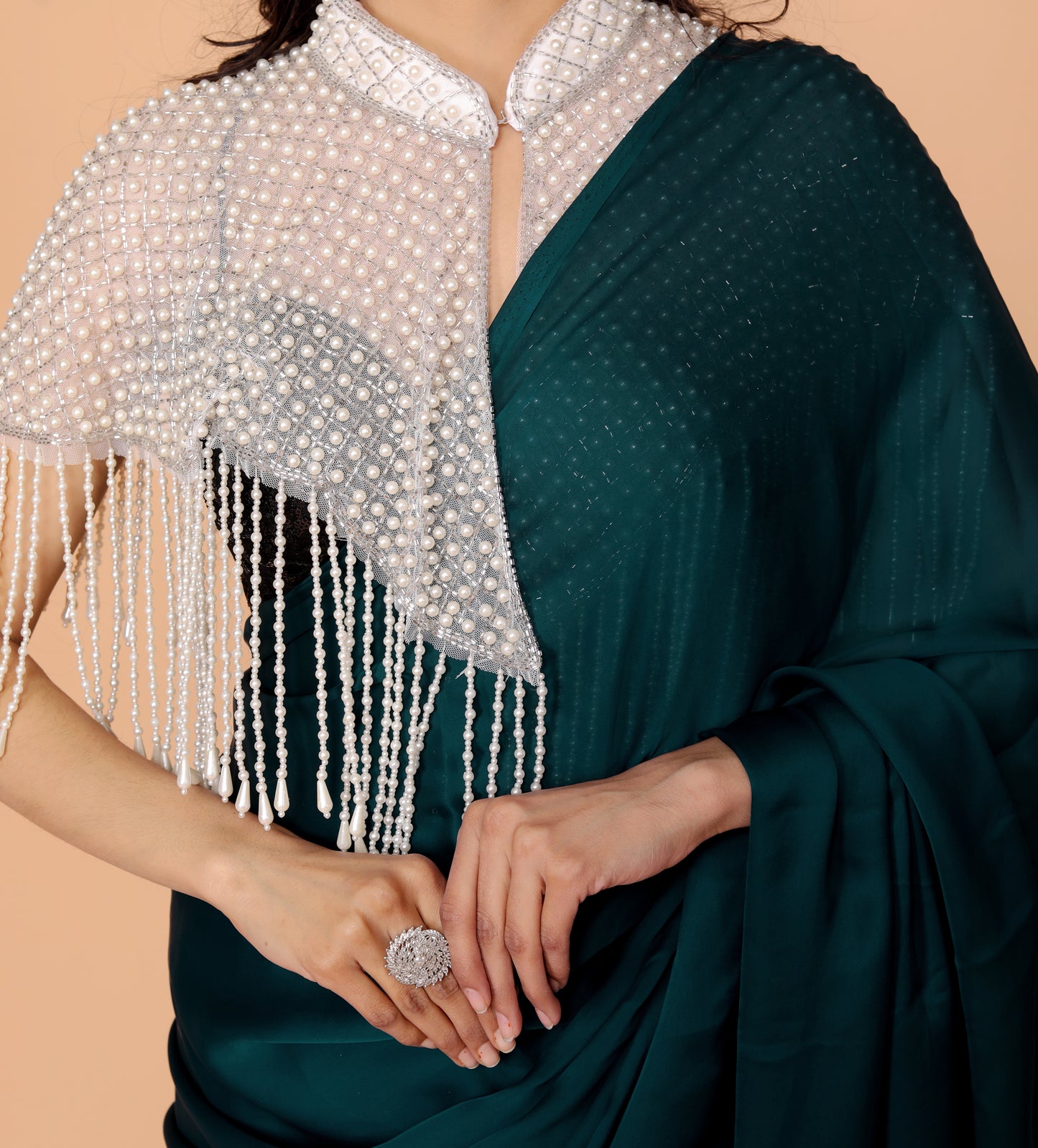 PEARL HANDWORK CAPE STYLE NET WHITE BLOUSE BY SKFBHOLUBHAI