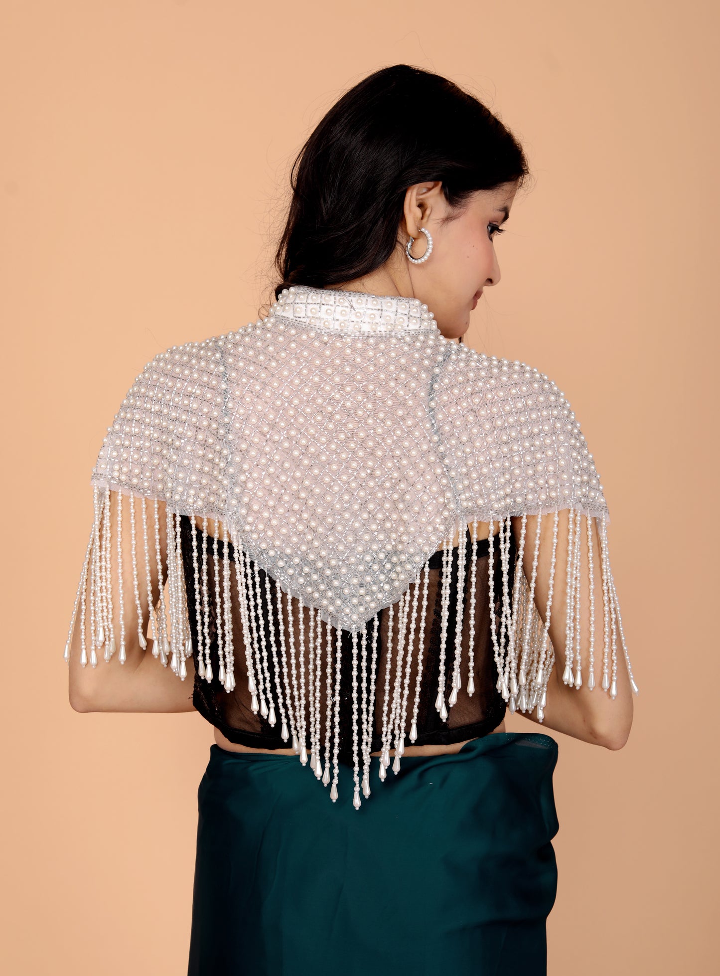 PEARL HANDWORK CAPE STYLE NET WHITE BLOUSE BY SKFBHOLUBHAI