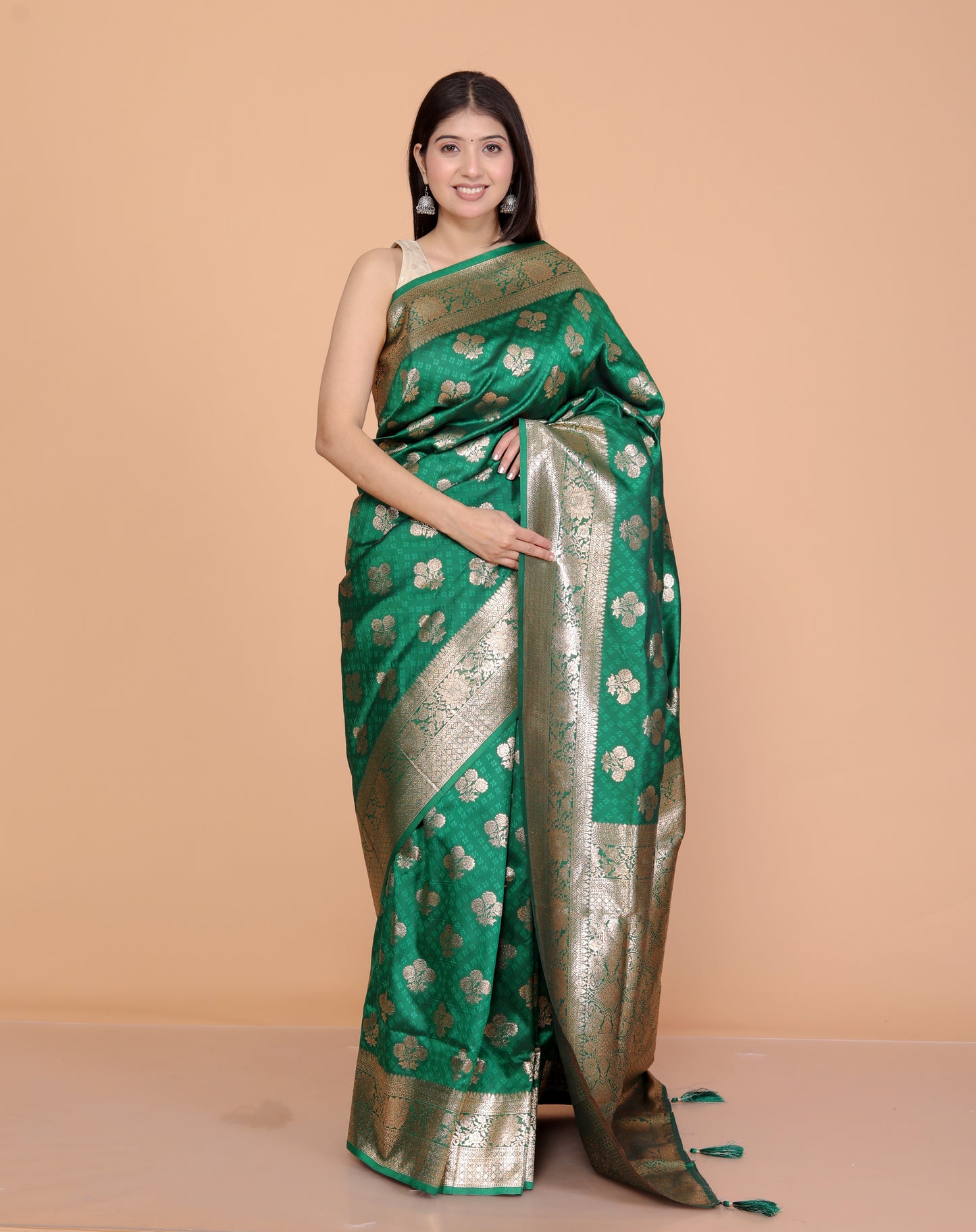 BANARSI SILK GOLD ZARI WEAVING BOTTLE GREEN SAREE BY SKFBHOLUBHAI
