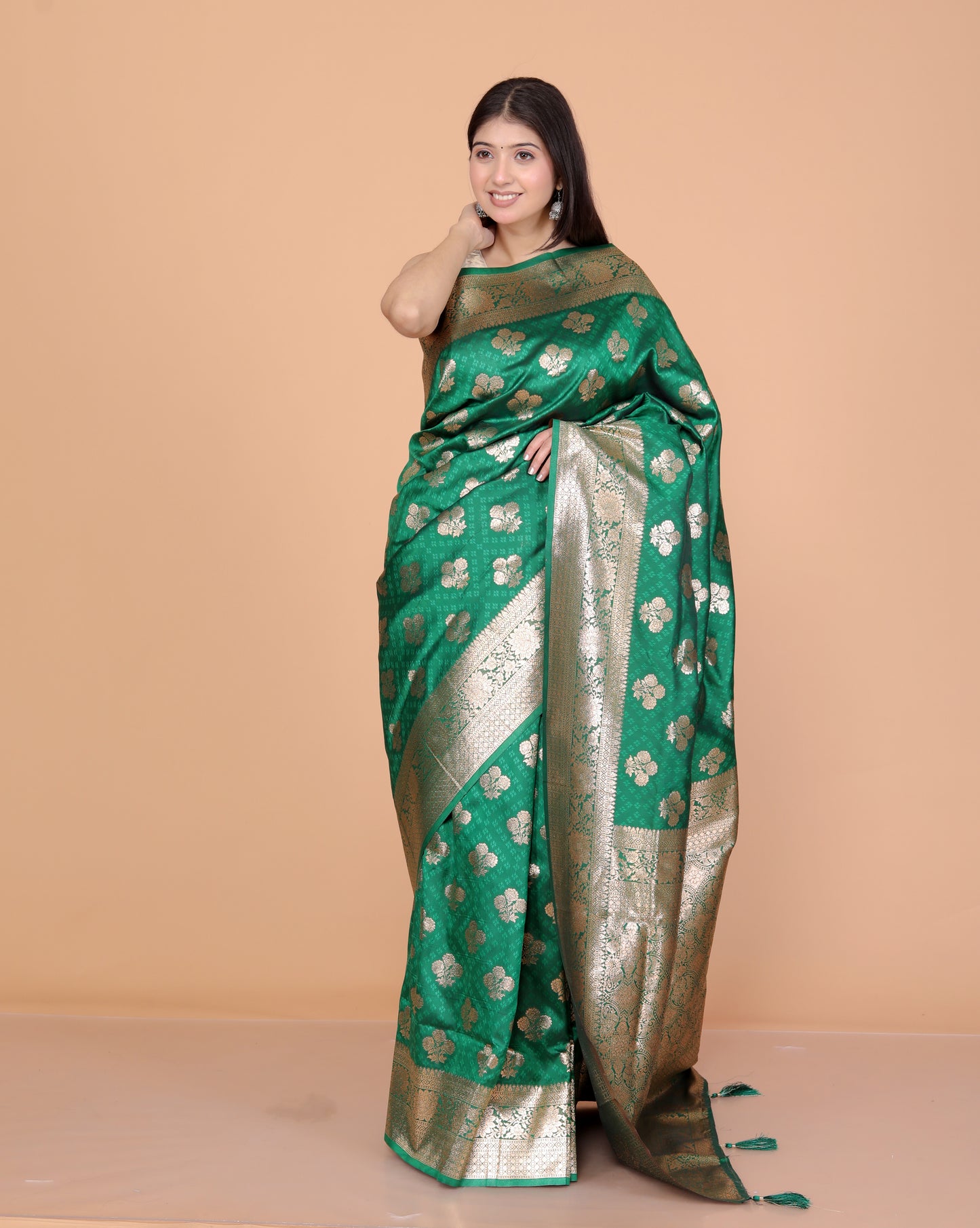BANARSI SILK GOLD ZARI WEAVING BOTTLE GREEN SAREE BY SKFBHOLUBHAI