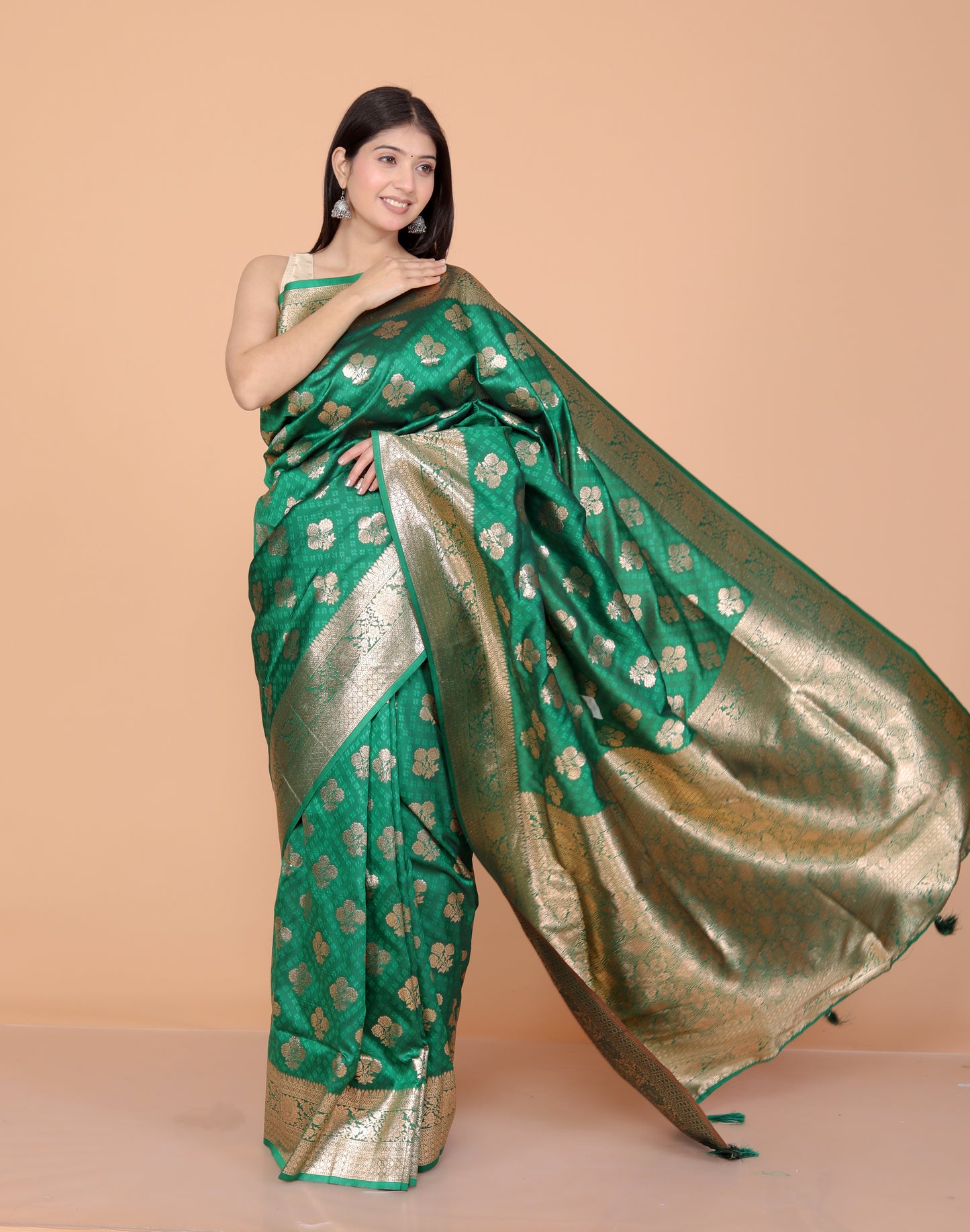 BANARSI SILK GOLD ZARI WEAVING BOTTLE GREEN SAREE BY SKFBHOLUBHAI
