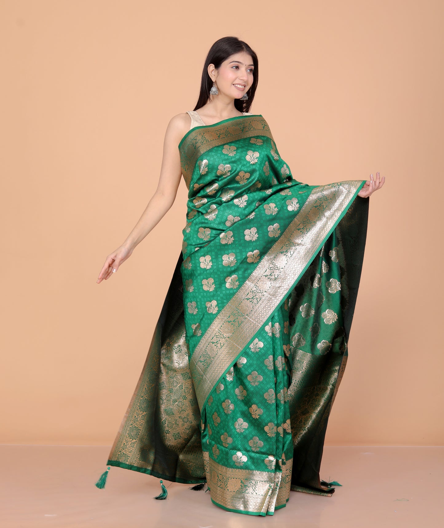 BANARSI SILK GOLD ZARI WEAVING BOTTLE GREEN SAREE BY SKFBHOLUBHAI