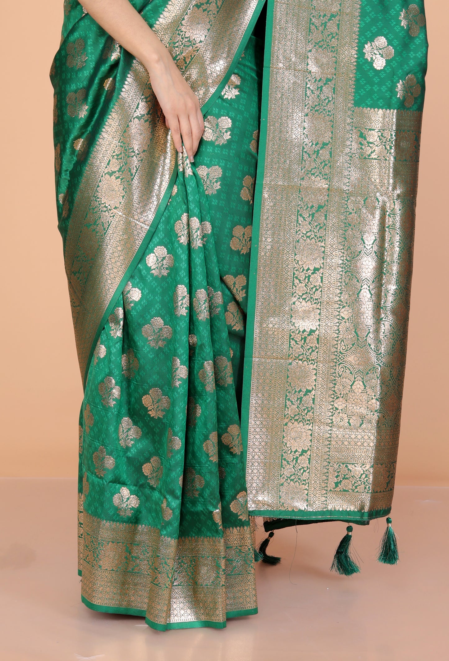 BANARSI SILK GOLD ZARI WEAVING BOTTLE GREEN SAREE BY SKFBHOLUBHAI