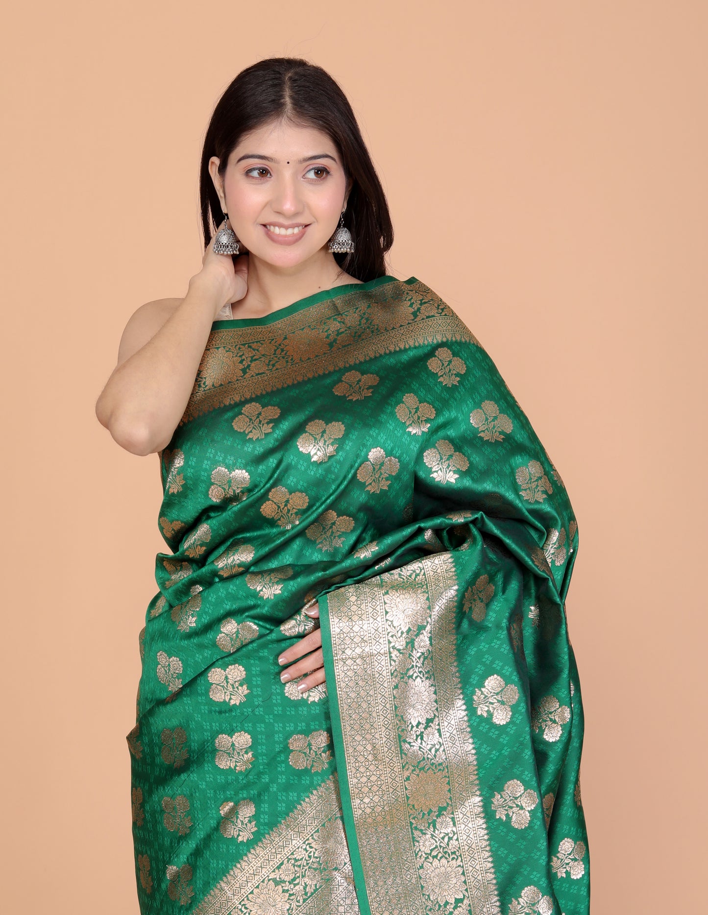 BANARSI SILK GOLD ZARI WEAVING BOTTLE GREEN SAREE BY SKFBHOLUBHAI