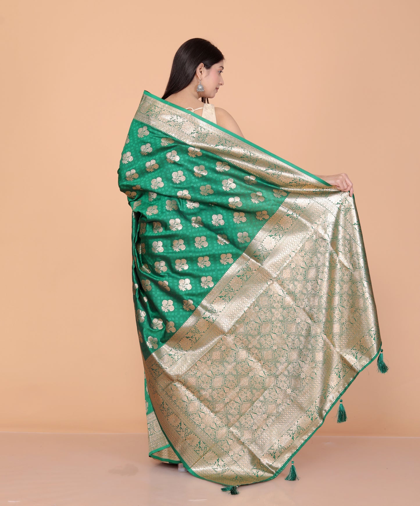 BANARSI SILK GOLD ZARI WEAVING BOTTLE GREEN SAREE BY SKFBHOLUBHAI