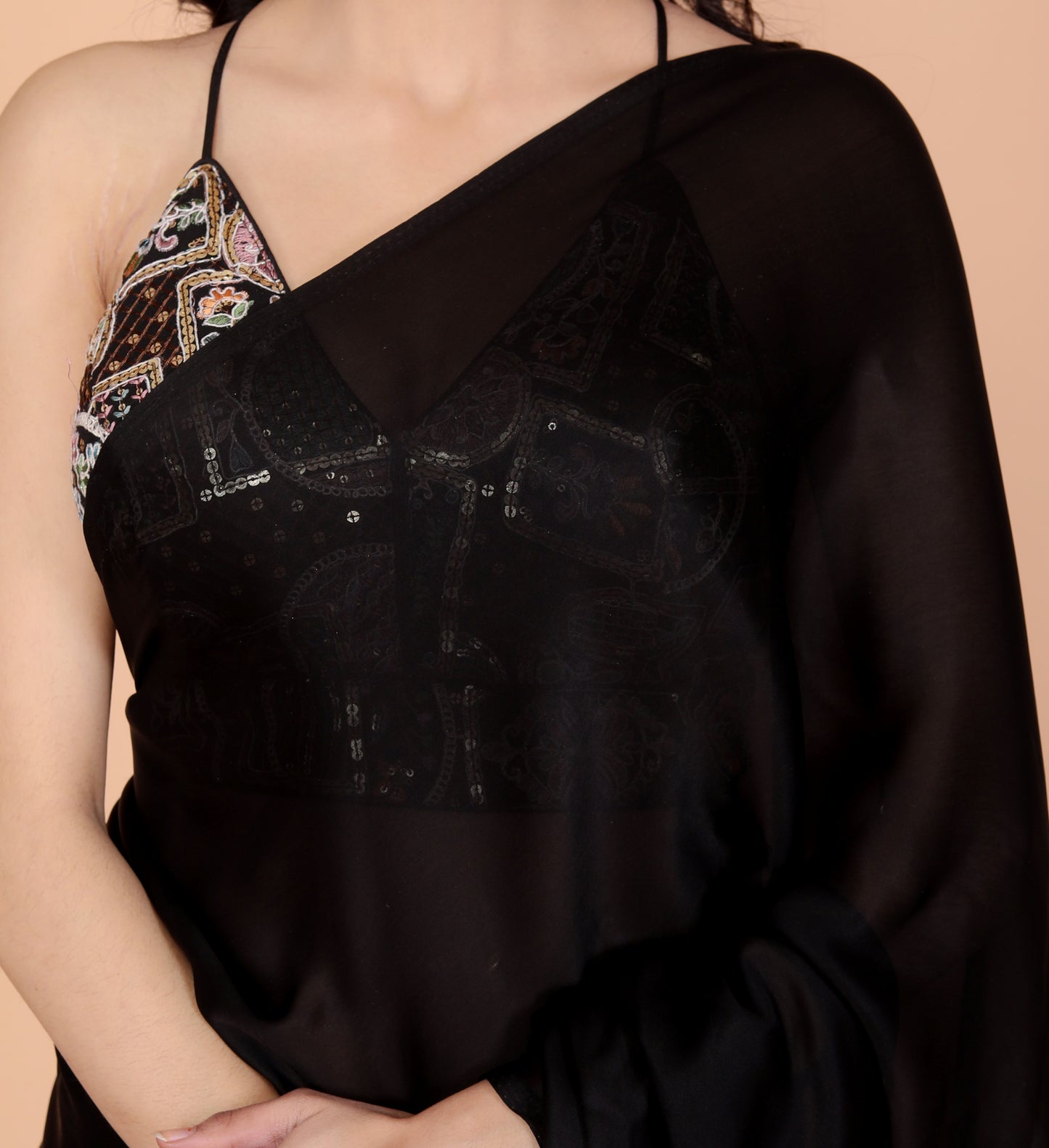 CHINON SPAGHETTI EMBROIDERY SEQUENCE BLACK BLOUSE BY SKFBHOLUBHAI