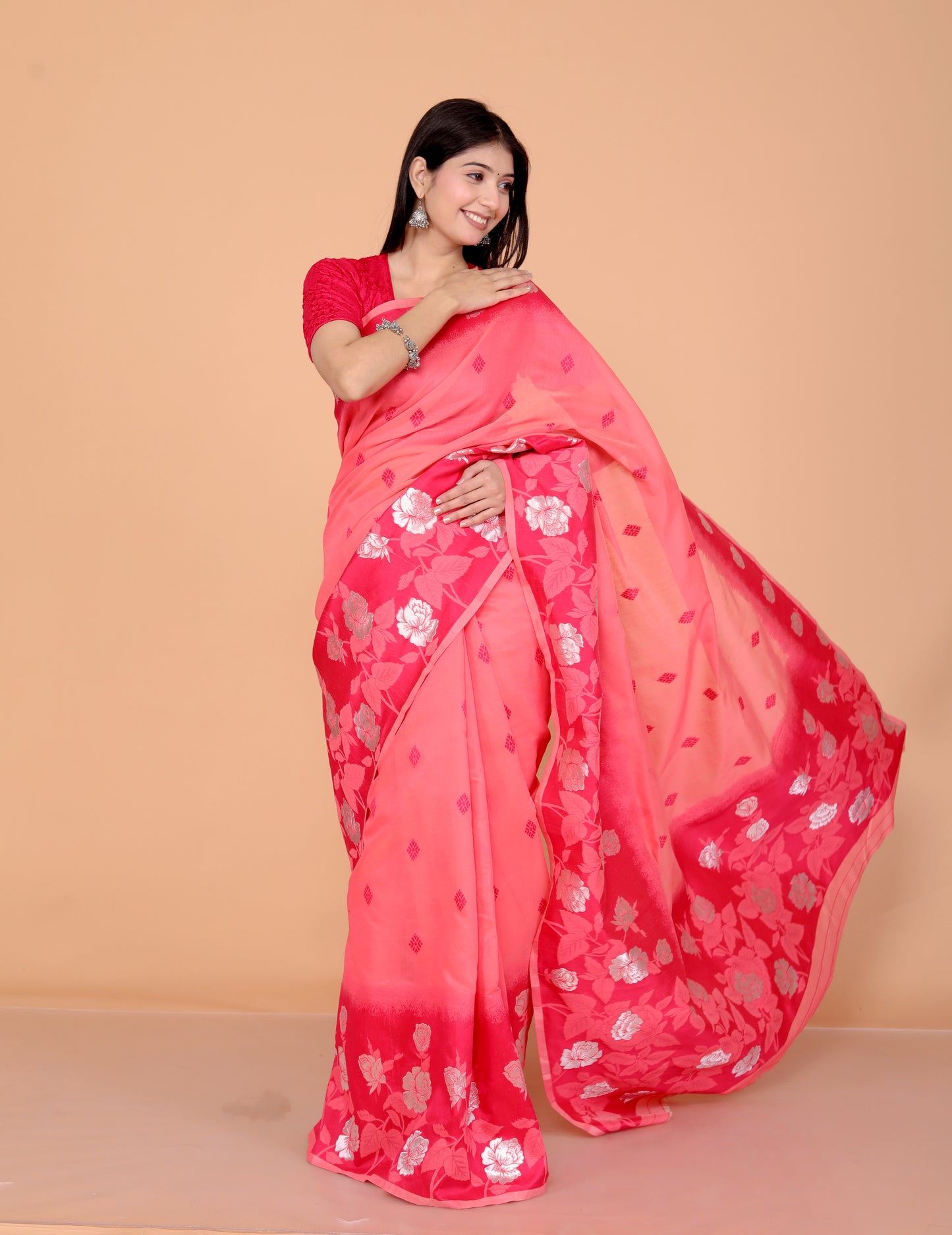 COTTON BLEND WEAVING RED PINK SAREE BY SKFBHOLUBHAI