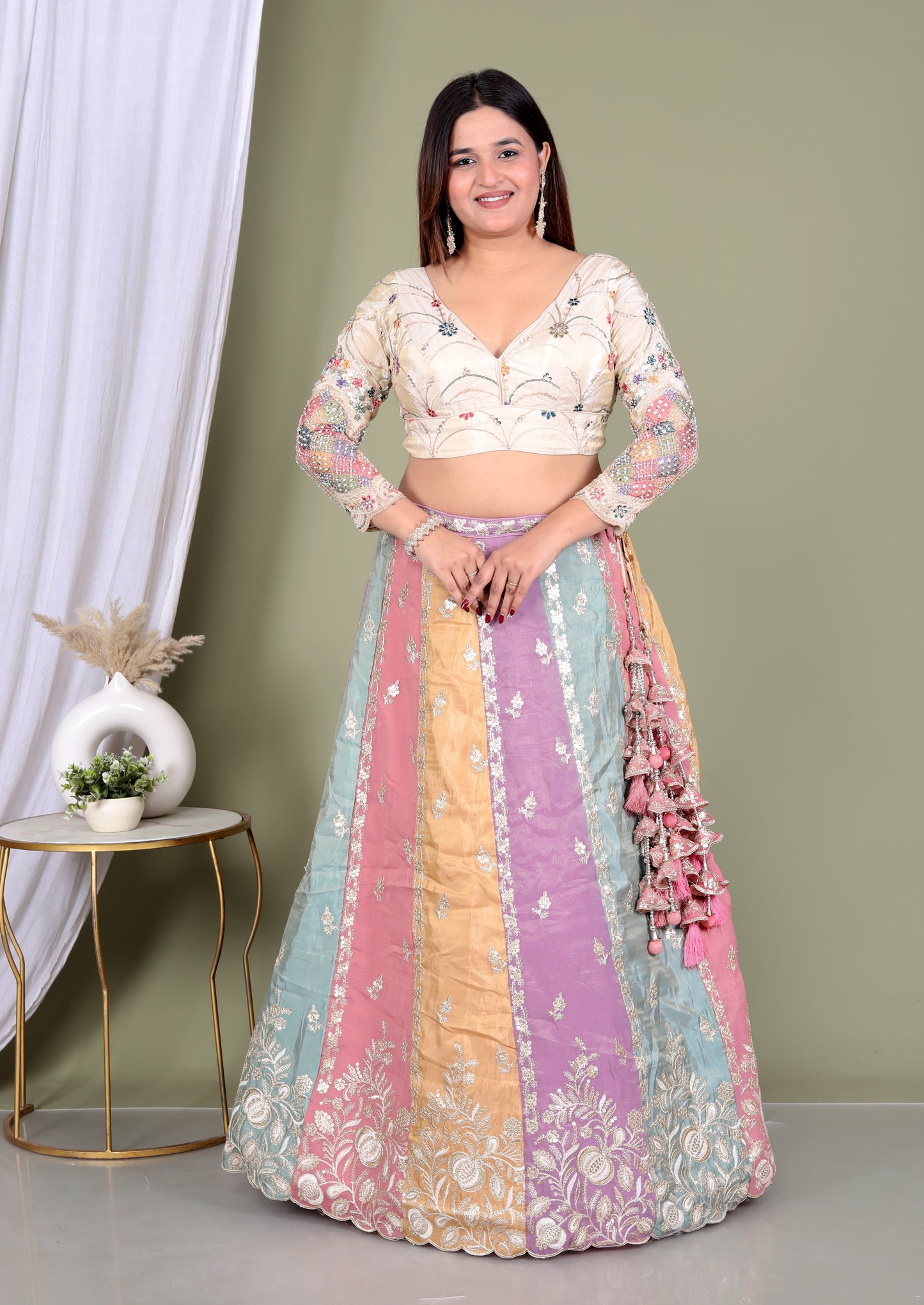 TISSUE ZARI EMBROIDERY WORK MULTICOLOUR LEHNGA BY SKFBHOLUBHAI