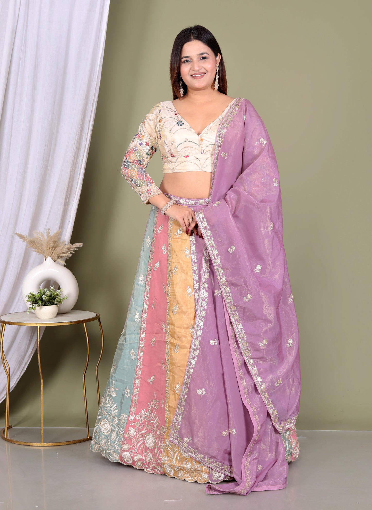 TISSUE ZARI EMBROIDERY WORK MULTICOLOUR LEHNGA BY SKFBHOLUBHAI