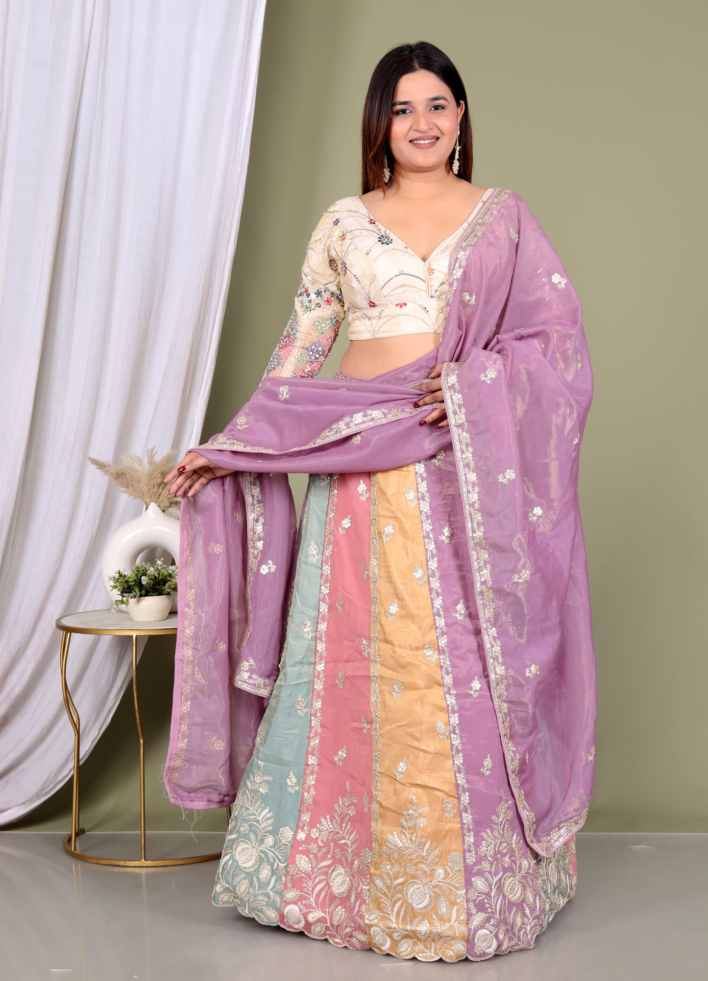 TISSUE ZARI EMBROIDERY WORK MULTICOLOUR LEHNGA BY SKFBHOLUBHAI