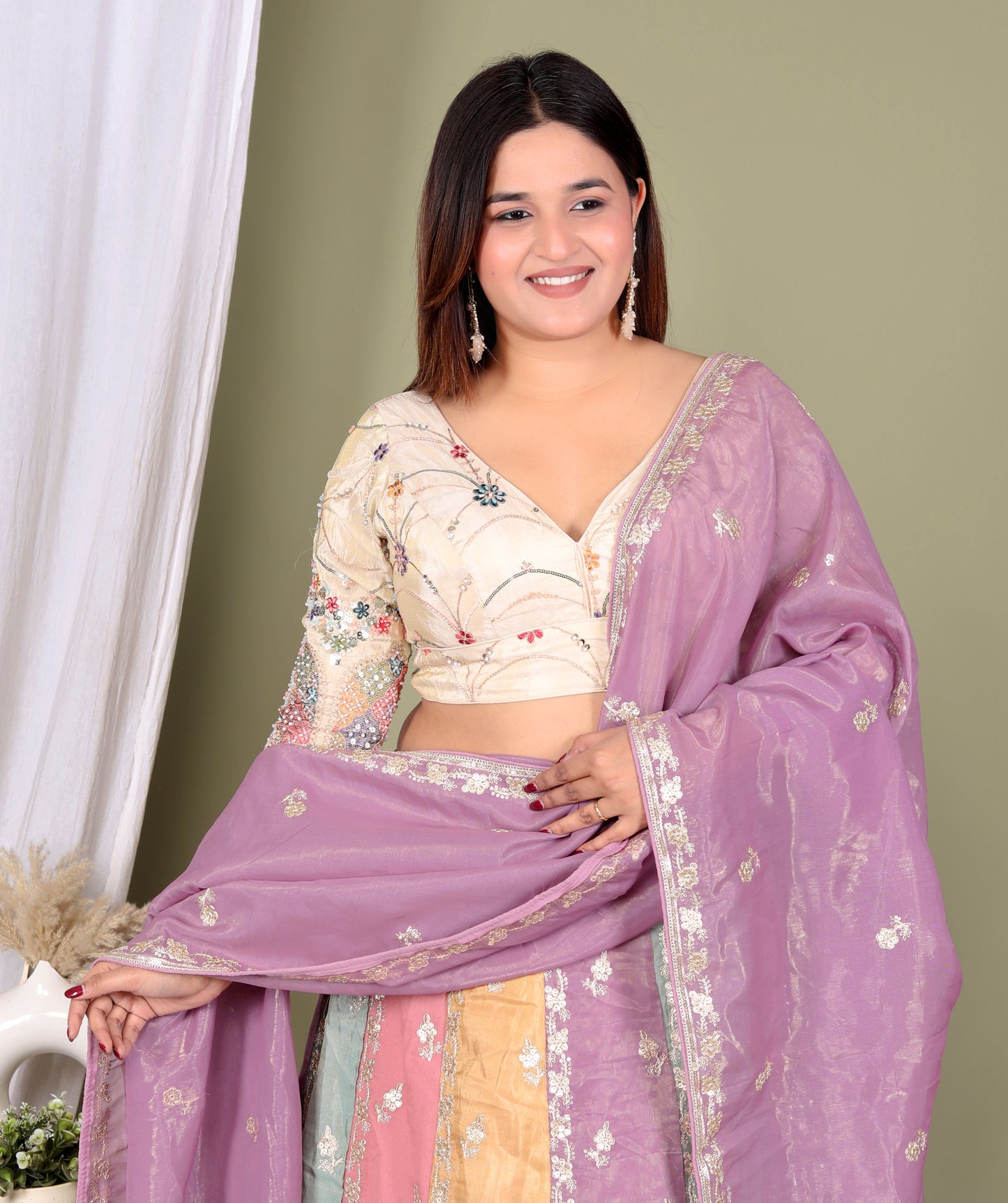 TISSUE ZARI EMBROIDERY WORK MULTICOLOUR LEHNGA BY SKFBHOLUBHAI