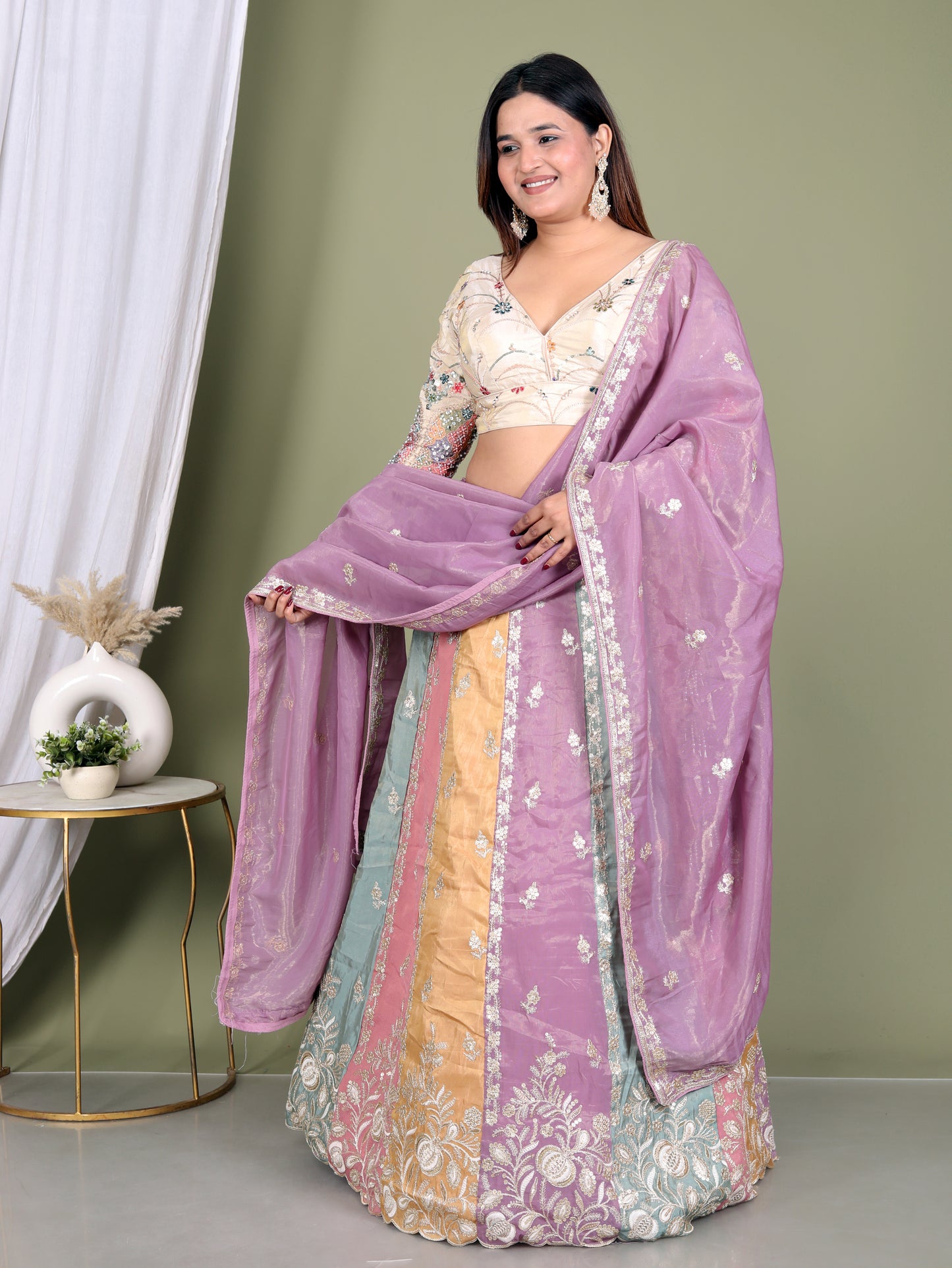 TISSUE ZARI EMBROIDERY WORK MULTICOLOUR LEHNGA BY SKFBHOLUBHAI
