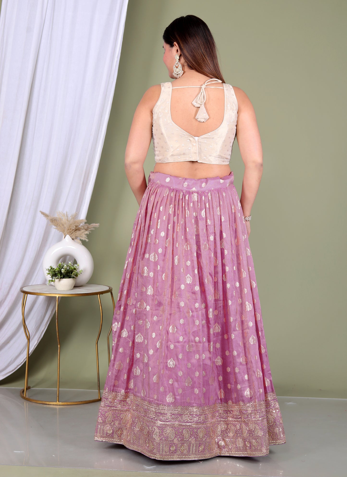 TISSUE ZARI WEAVING SEQUENCE WORK BORDER LAVENDER LEHNGA BY SKFBHOLUBHAI