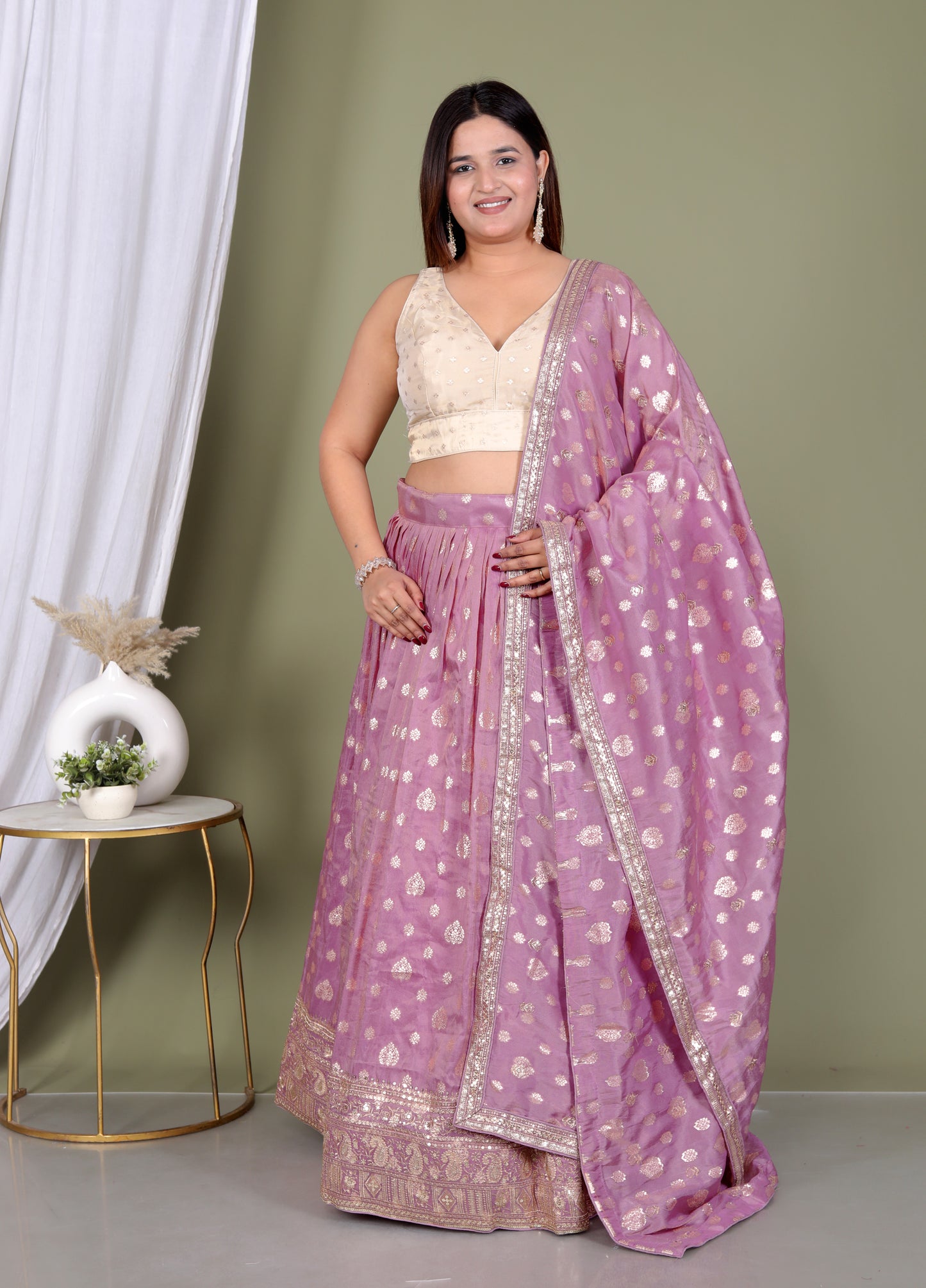 TISSUE ZARI WEAVING SEQUENCE WORK BORDER LAVENDER LEHNGA BY SKFBHOLUBHAI
