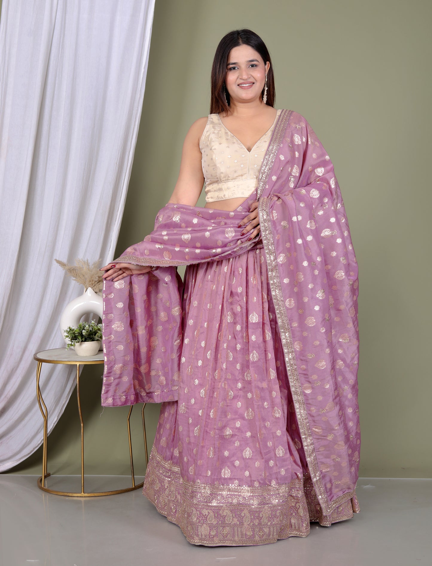 TISSUE ZARI WEAVING SEQUENCE WORK BORDER LAVENDER LEHNGA BY SKFBHOLUBHAI
