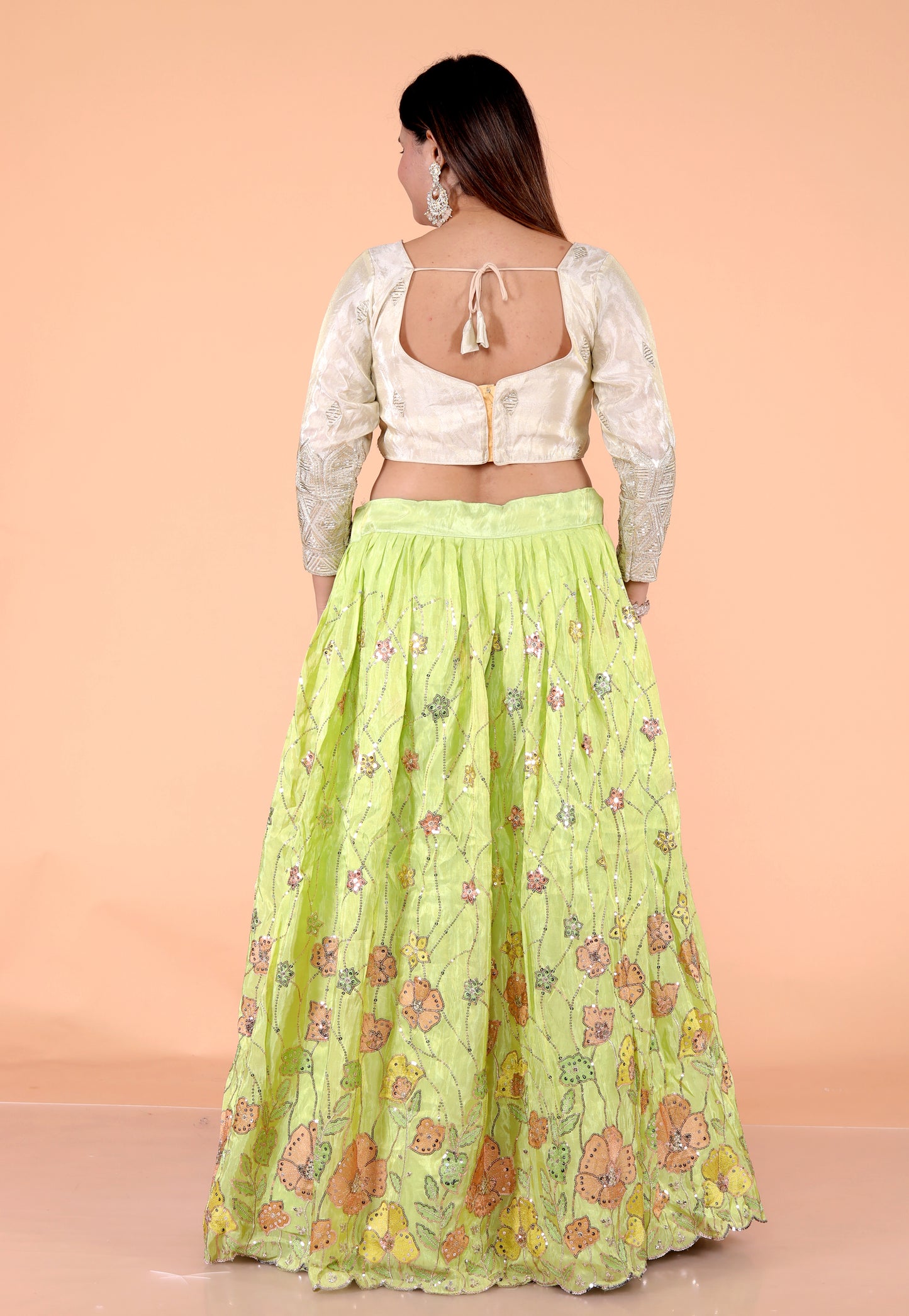TISSUE APPLIQUE SEQUENCE WORK PARROT GREEN LEHNGA BY SKFBHOLUBHAI