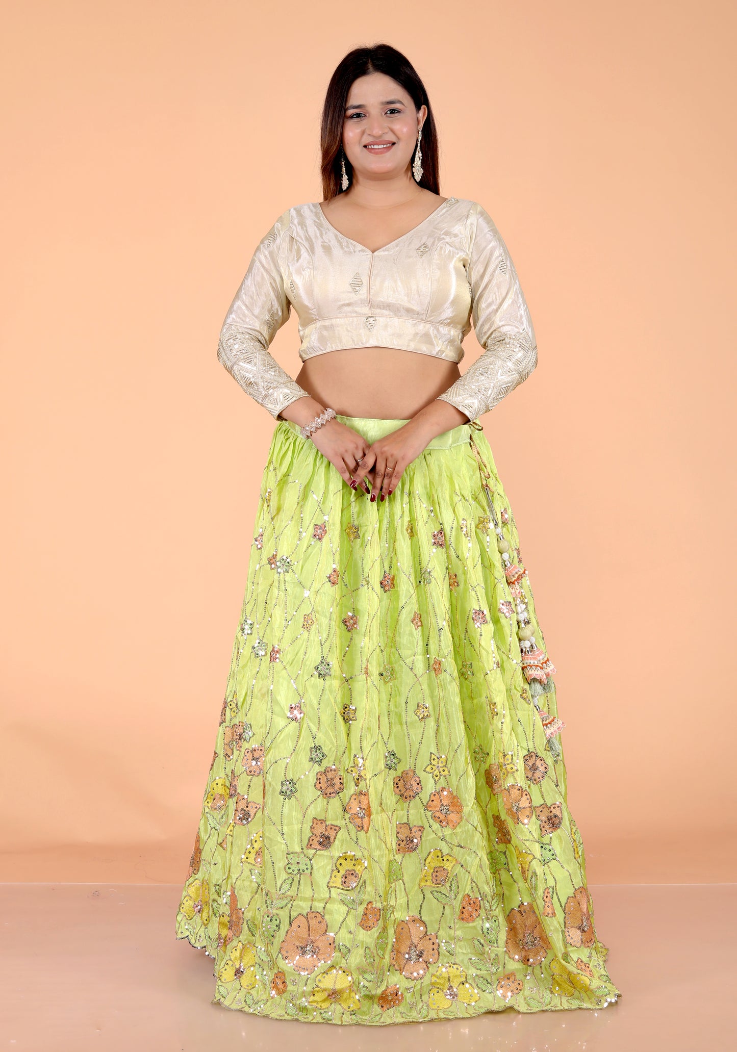 TISSUE APPLIQUE SEQUENCE WORK PARROT GREEN LEHNGA BY SKFBHOLUBHAI