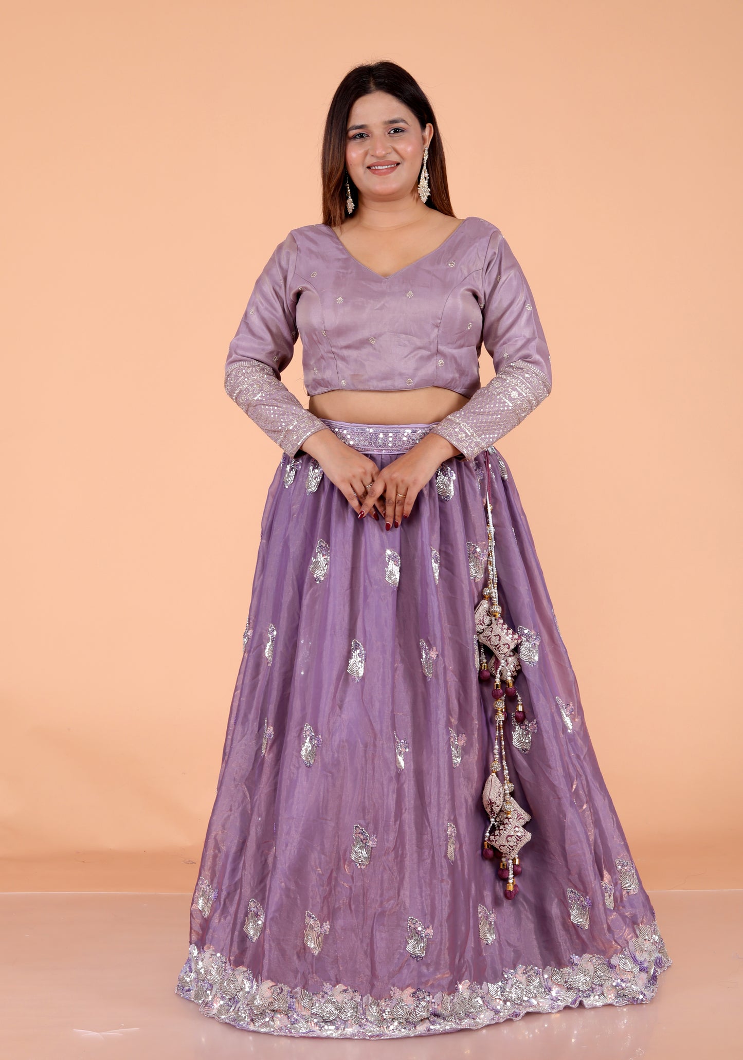 GLOSSY TISSUE HANDWORK DETAILING LAVENDER LEHNGA BY SKFBHOLUBHAI