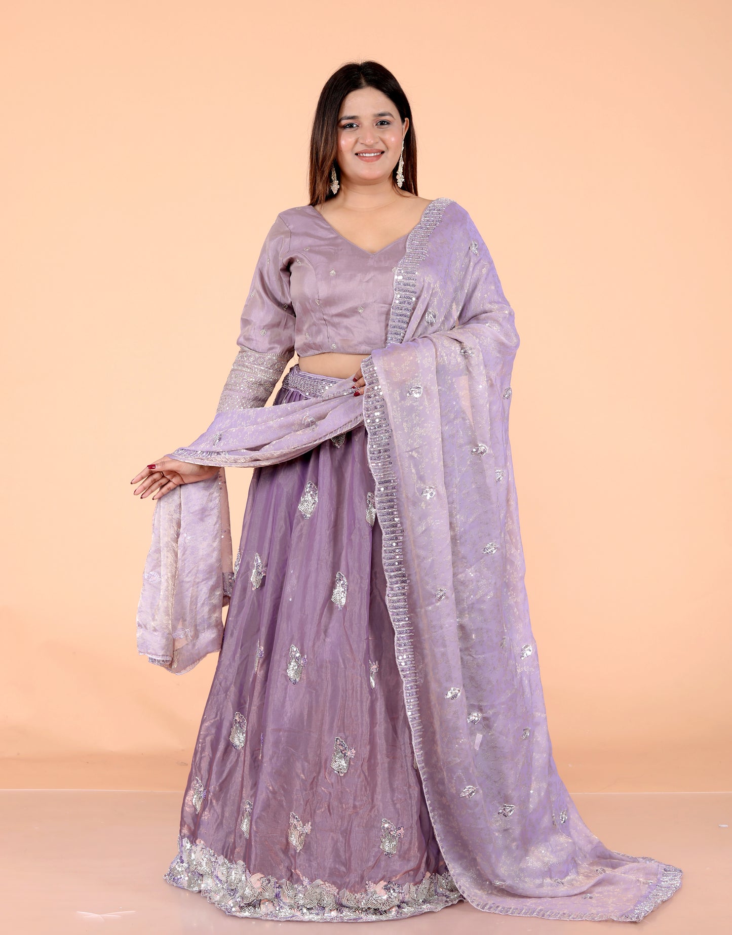 GLOSSY TISSUE HANDWORK DETAILING LAVENDER LEHNGA BY SKFBHOLUBHAI