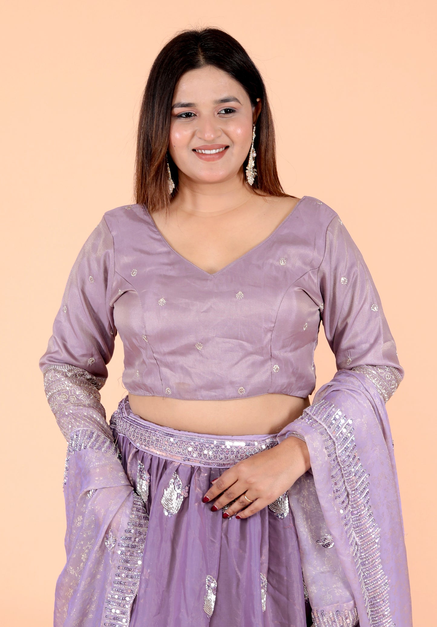 GLOSSY TISSUE HANDWORK DETAILING LAVENDER LEHNGA BY SKFBHOLUBHAI