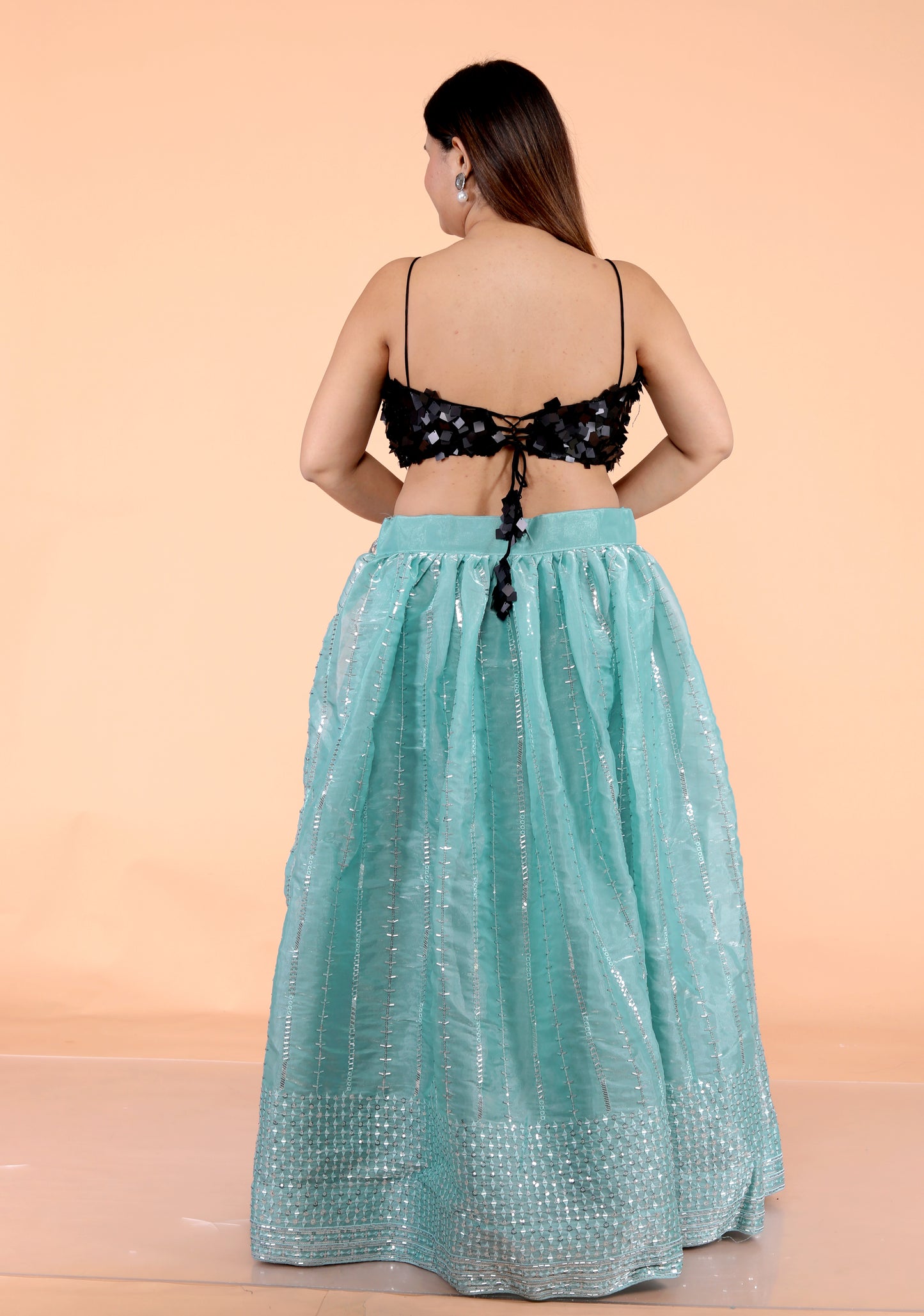 GLOSSY TISSUE EMBROIDERY HANDWORK SKY BLUE LEHNGA BY SKFBHOLUBHAI