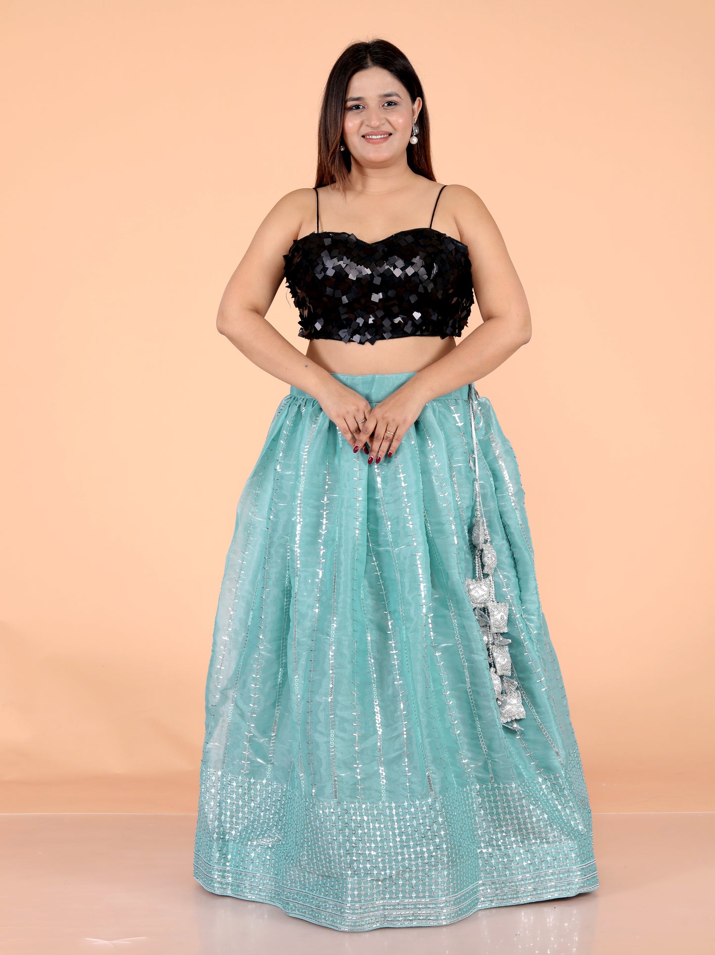 GLOSSY TISSUE EMBROIDERY HANDWORK SKY BLUE LEHNGA BY SKFBHOLUBHAI