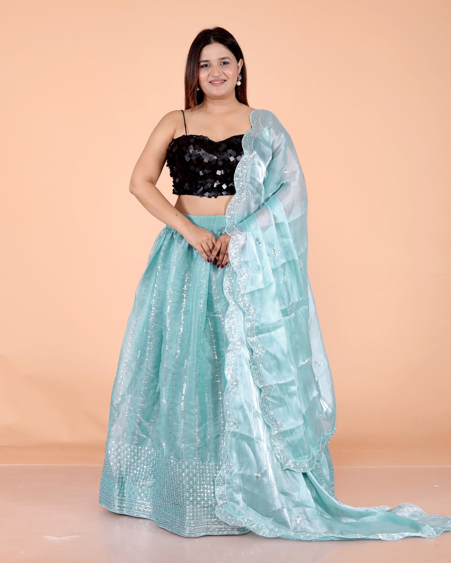 GLOSSY TISSUE EMBROIDERY HANDWORK SKY BLUE LEHNGA BY SKFBHOLUBHAI