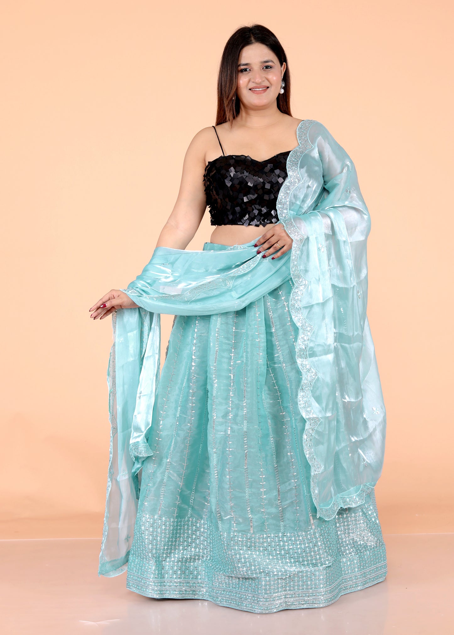 GLOSSY TISSUE EMBROIDERY HANDWORK SKY BLUE LEHNGA BY SKFBHOLUBHAI