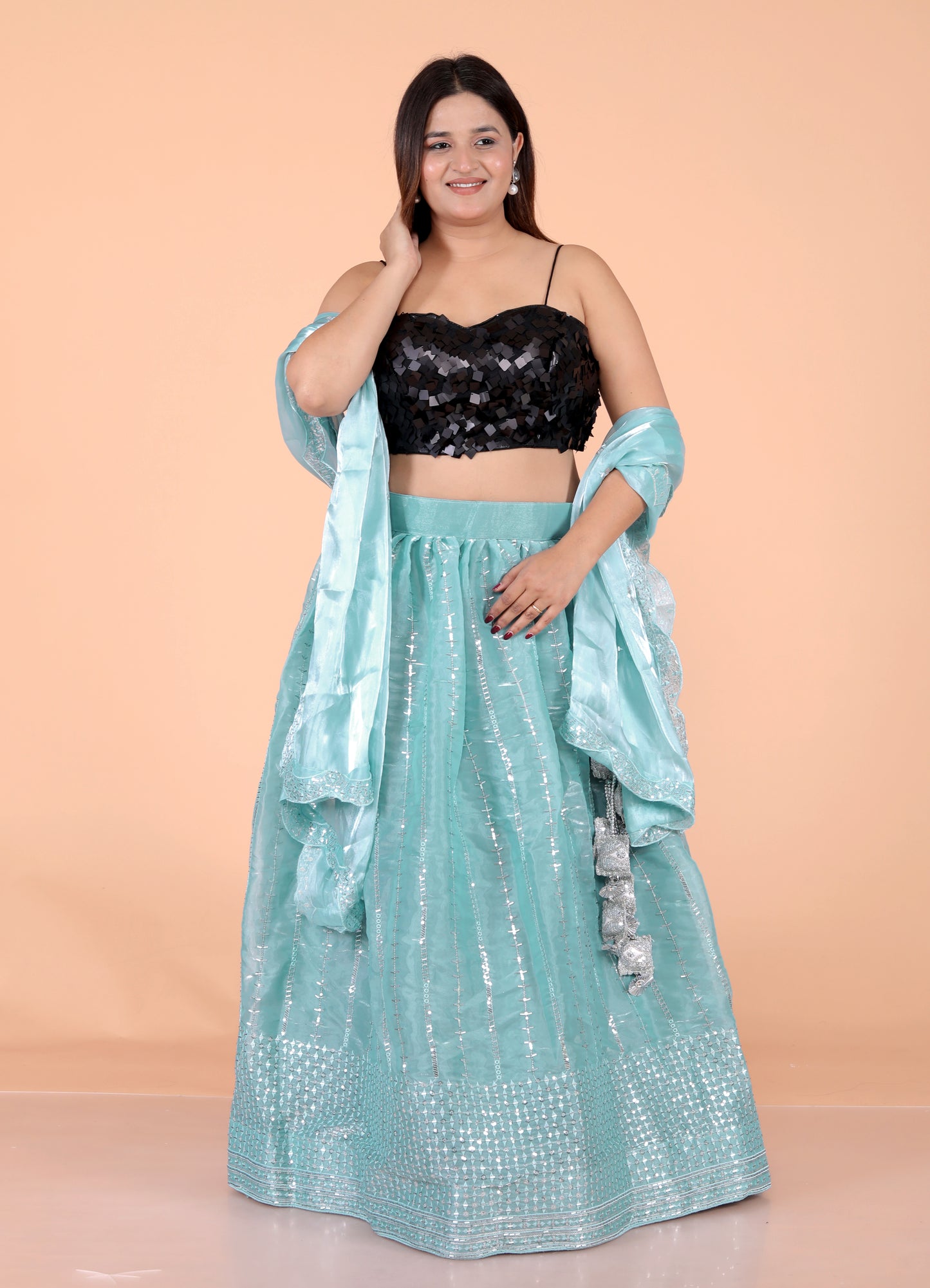 GLOSSY TISSUE EMBROIDERY HANDWORK SKY BLUE LEHNGA BY SKFBHOLUBHAI