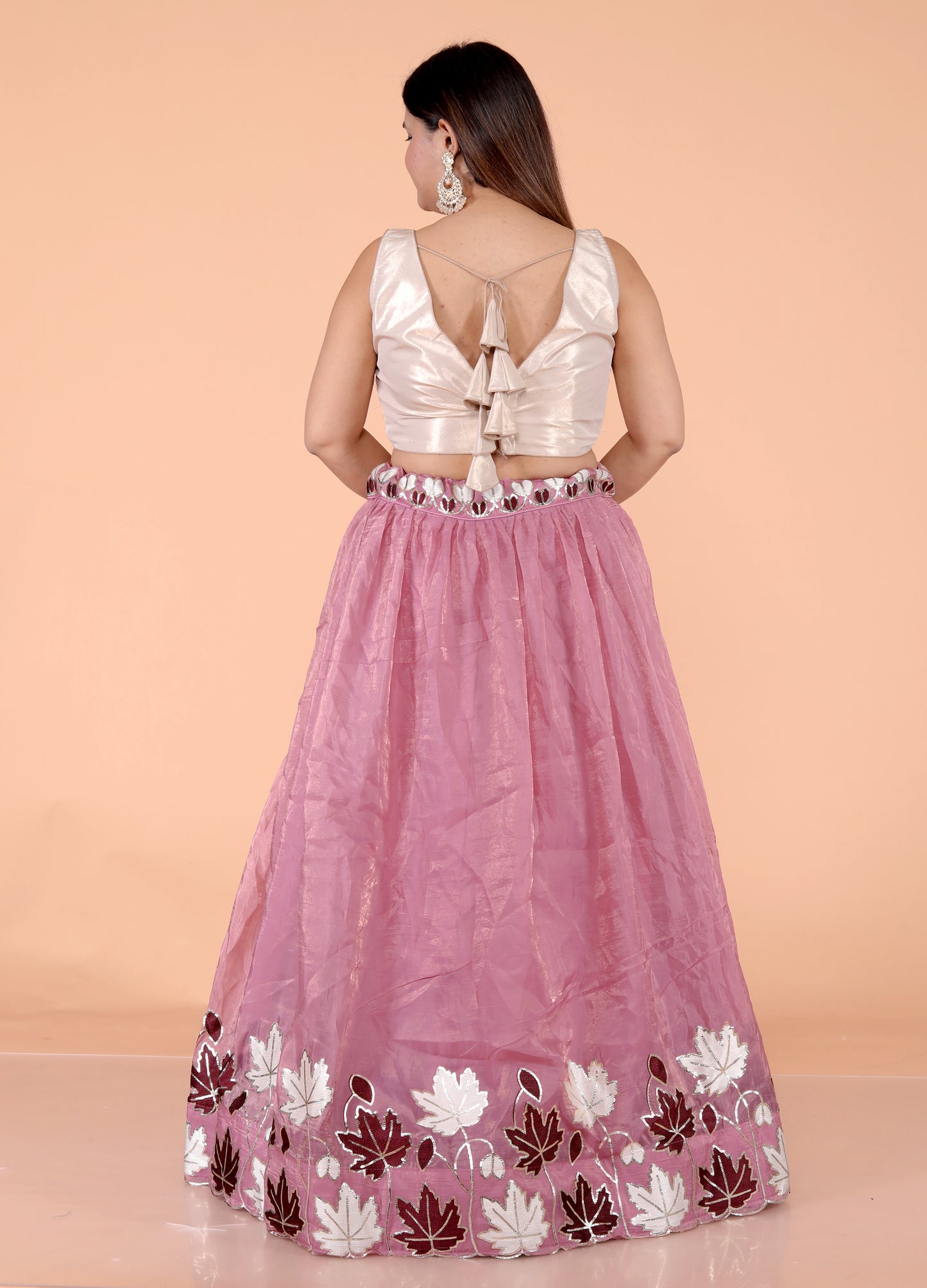 CRUSH TISSUE APPLIQUE WORK ONION PINK LEHNGA BY SKFBHOLUBHAI