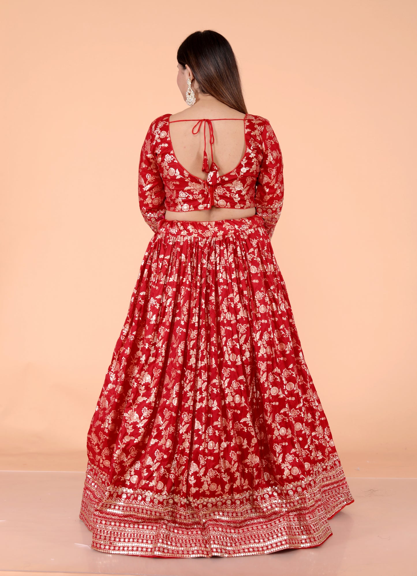 JACCQUARD SILK SEQUENCE BORDER WORK STICH RED LEHNGA BY SKFBHOLUBHAI