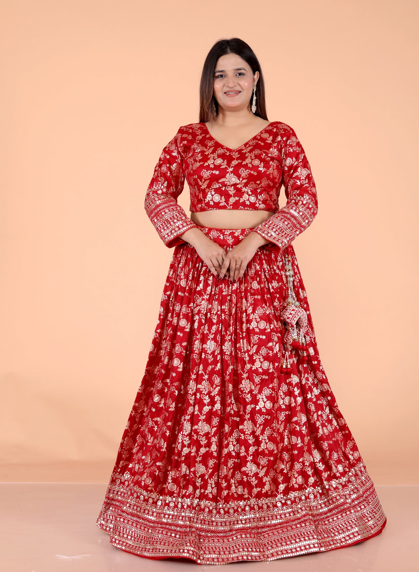 JACCQUARD SILK SEQUENCE BORDER WORK STICH RED LEHNGA BY SKFBHOLUBHAI