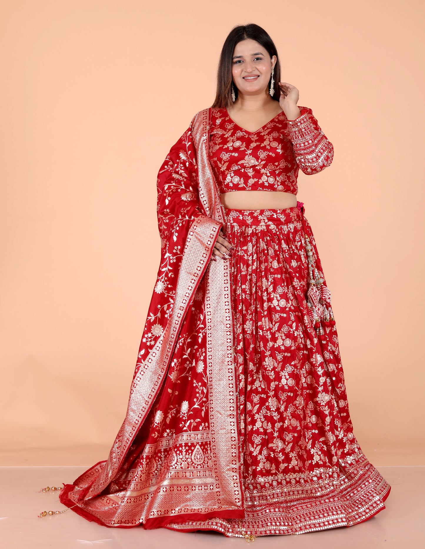 JACCQUARD SILK SEQUENCE BORDER WORK STICH RED LEHNGA BY SKFBHOLUBHAI