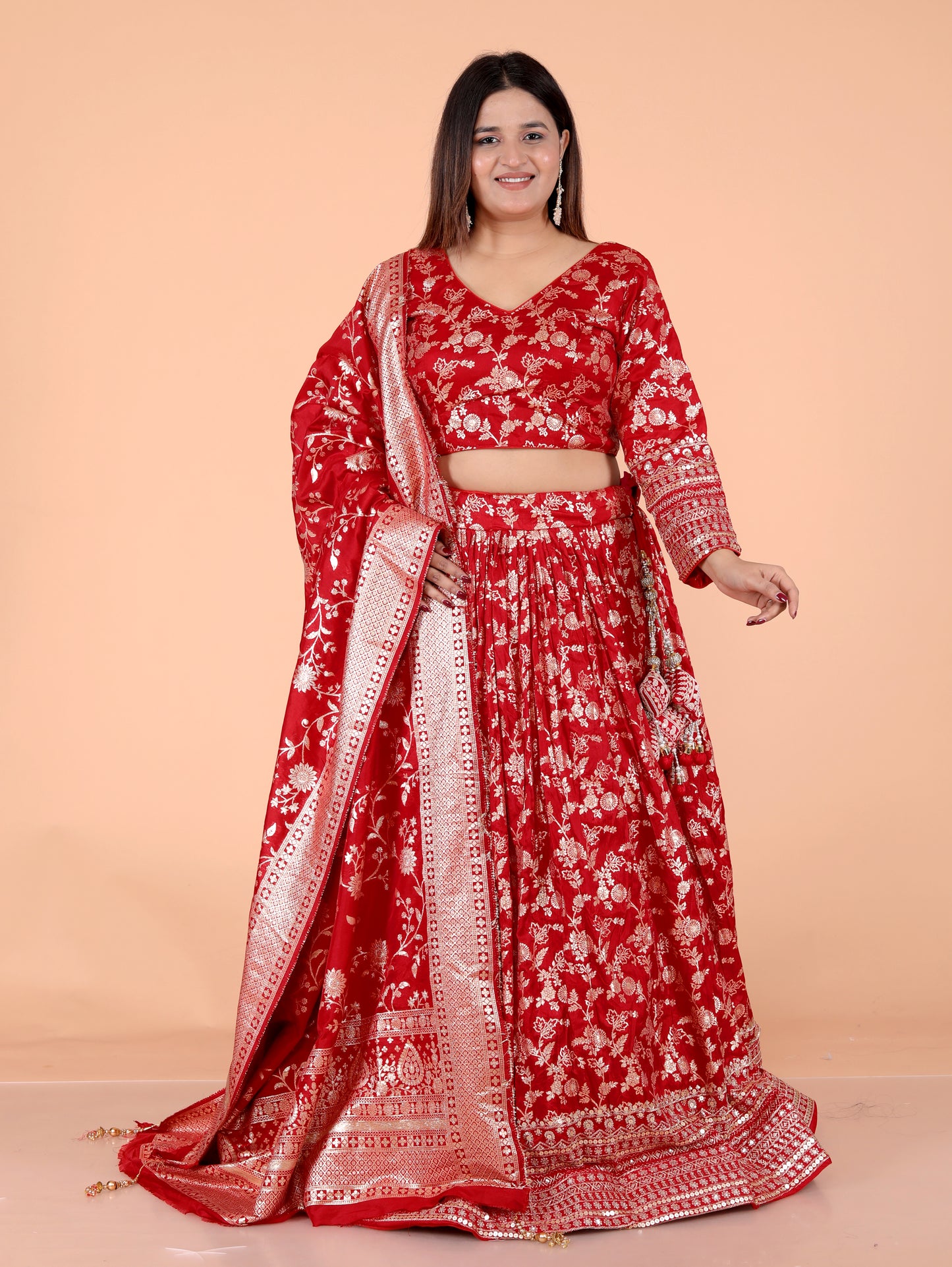 JACCQUARD SILK SEQUENCE BORDER WORK STICH RED LEHNGA BY SKFBHOLUBHAI