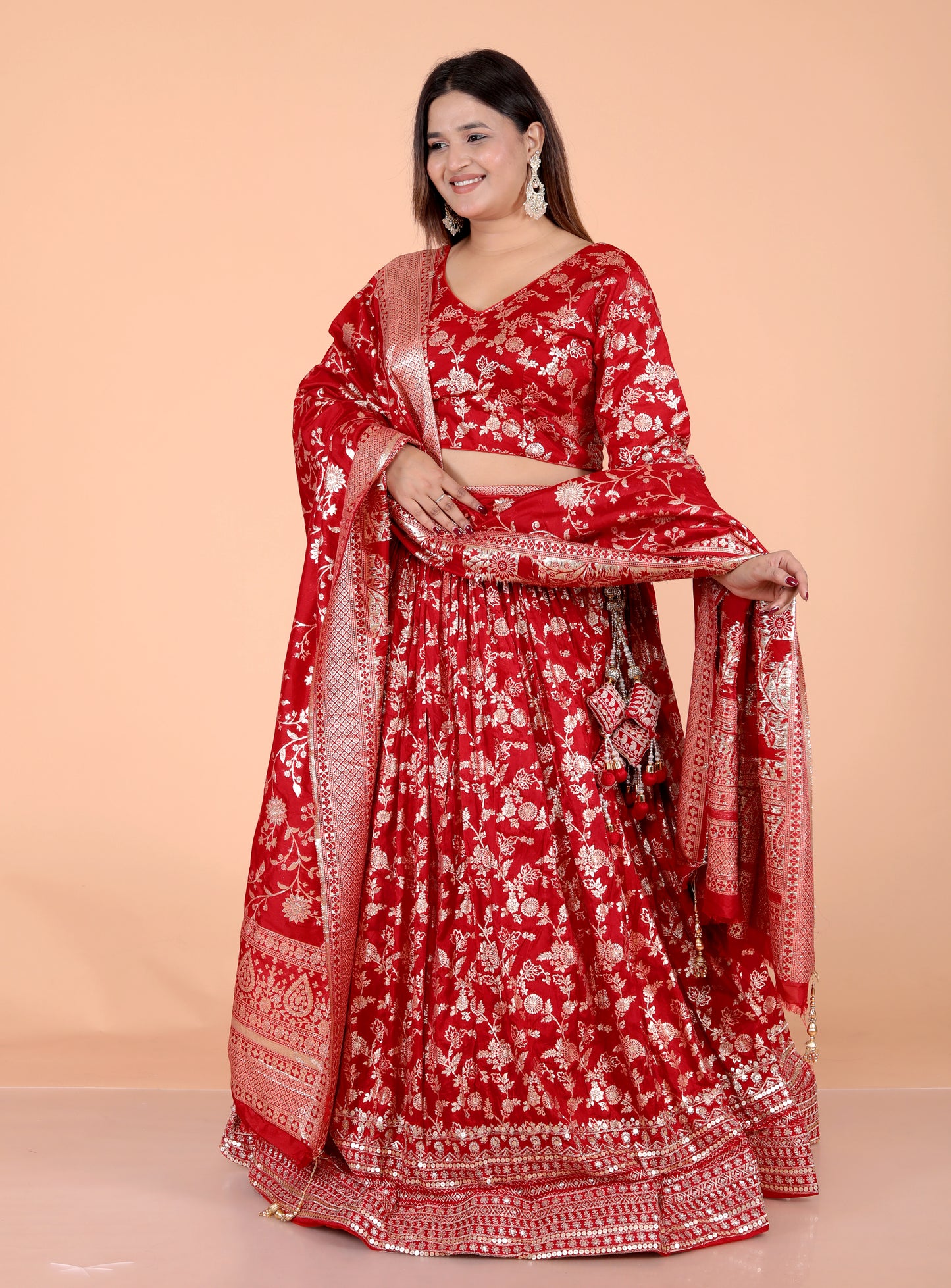 JACCQUARD SILK SEQUENCE BORDER WORK STICH RED LEHNGA BY SKFBHOLUBHAI