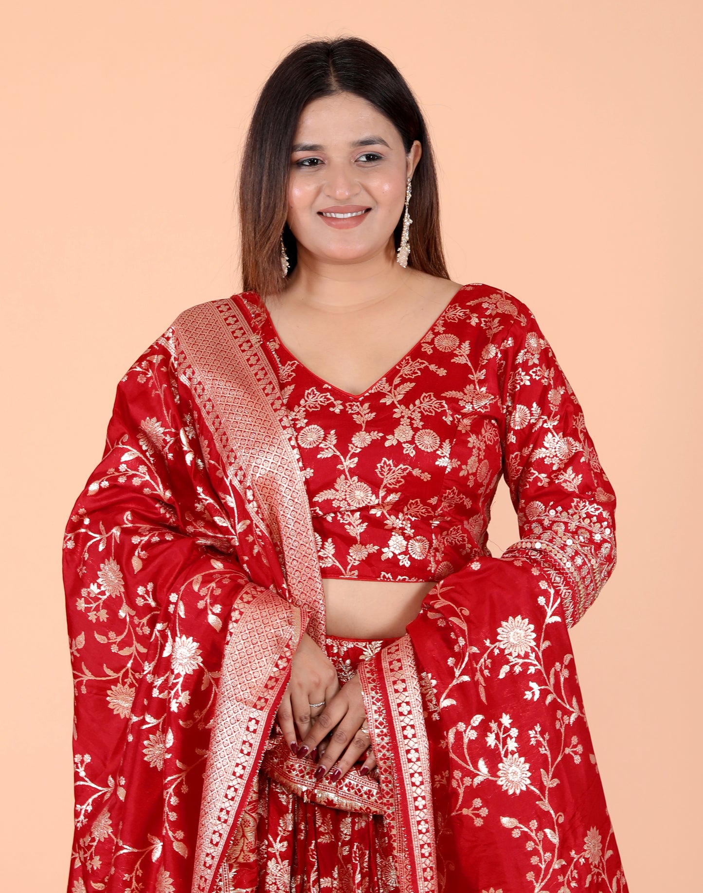 JACCQUARD SILK SEQUENCE BORDER WORK STICH RED LEHNGA BY SKFBHOLUBHAI