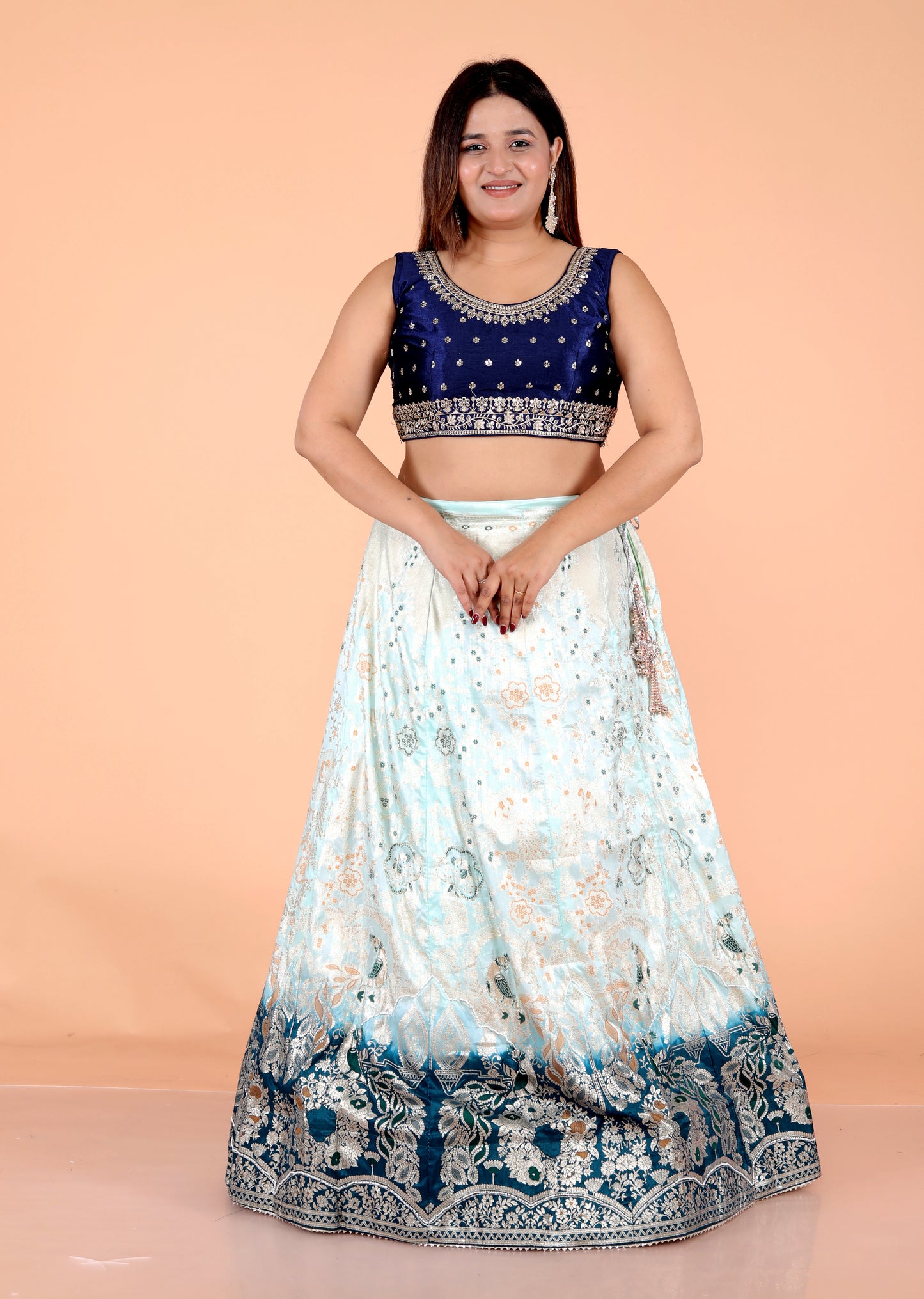 JACCQUARD SILK JAIPURI HANDWORK DETAILING SKY BLUE LEHNGA BY SKFBHOLUBHAI