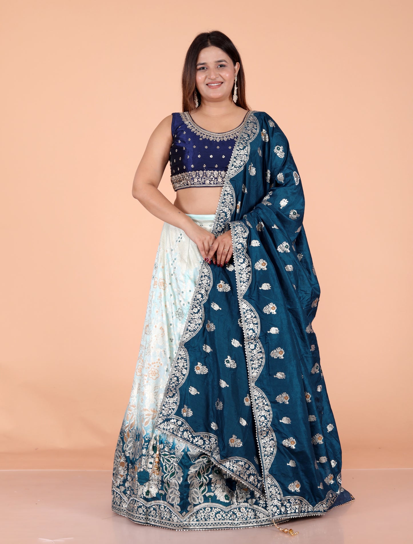 JACCQUARD SILK JAIPURI HANDWORK DETAILING SKY BLUE LEHNGA BY SKFBHOLUBHAI