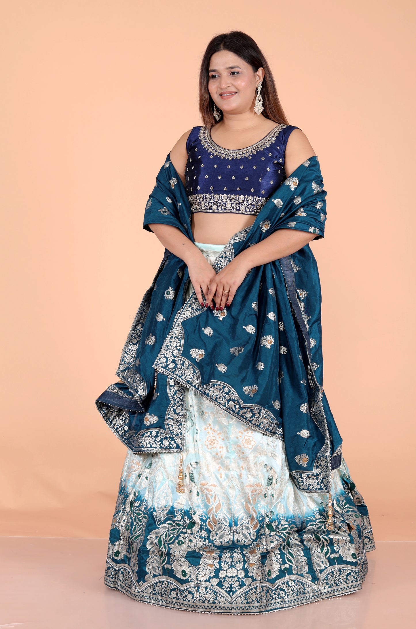 JACCQUARD SILK JAIPURI HANDWORK DETAILING SKY BLUE LEHNGA BY SKFBHOLUBHAI