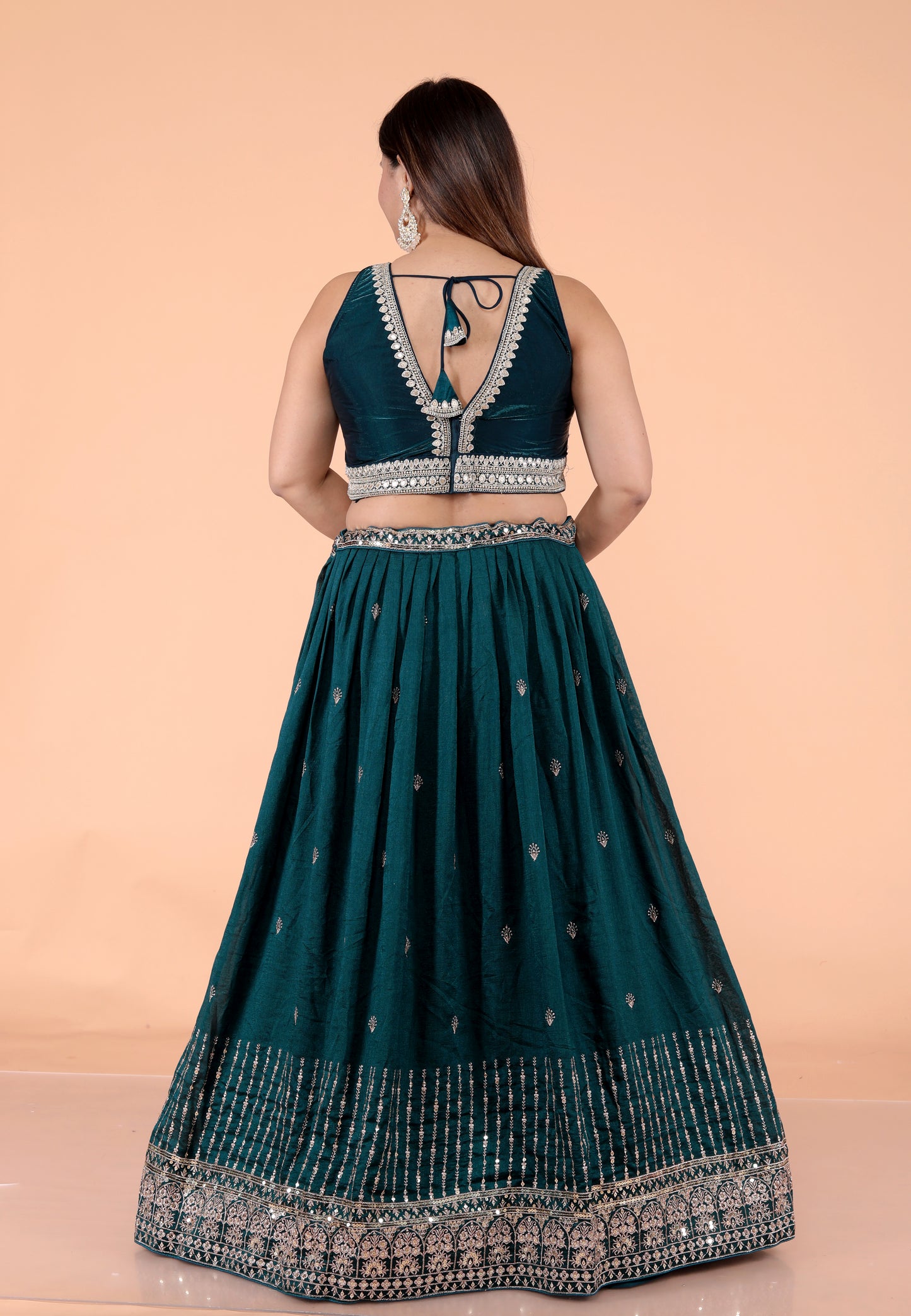 VISCOSE CHINON ZARI EMBROIDERY TURQUOISE GREEN LEHNGA BY SKFBHOLUBHAI
